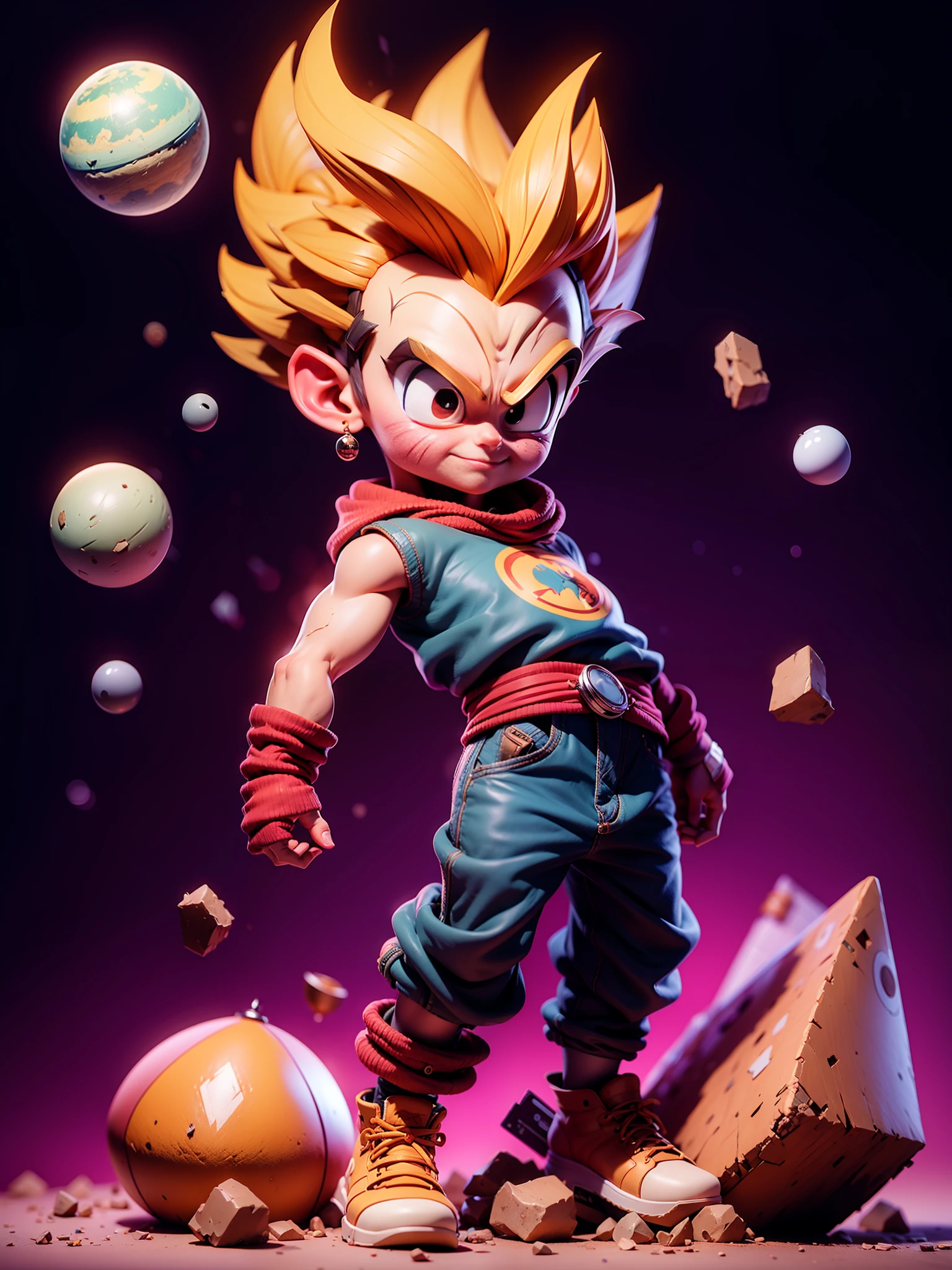 tmasterpiece， Best quality at best， ultra - detailed， Adult Vegeta 1boy， 独奏， full bodyesbian， evilsmile， whaite hair， spiked hair， （（（red eyes）））， （（（perfect  eyes）））， （（（Purple Dougie）））， full bodyesbian， looking at viewert， malefocus， planet earth\（planetes\）， planetes， the space， Cracked ground and many rocks rise， A lot of debris rises， perfect hand.adolable，tchibi，