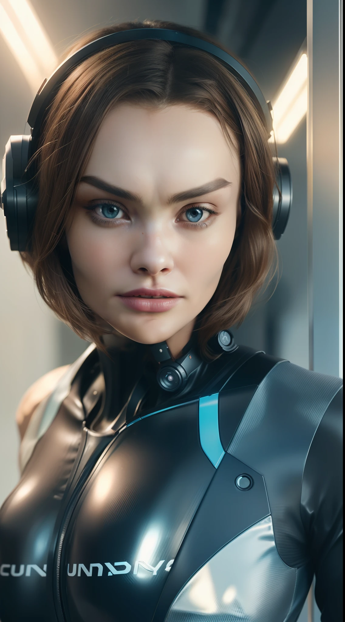 (8k, ARTISTIC photography, best quality, masterpiece: 1.2), (realistic, photorealistic: 1.37), over-detailed, (high-detail skin: 1.2), 8k uhd, SLR camera, soft lighting, high quality, film grain, Arri Alexa mini,, professional lighting, photonic display, brightness, physically rendered photo (cyber punk Girl, Hacker, A robot Factory ), beautiful face ((Lily-Rose Depp)), ((half smile)), over-detailed face, (((big open eyes))), beautiful body, toned body, perky breast (( dressed in a Futuristic Business suit )), (((over-detailed clothing))), (((the color of the clothes is aquamarine))), (((futuristic minimalist outfits))), posing, in a Dark Robot factory as background, (((pure 8K))), (((perfect anatomy))), extremely high-quality graphics, midday sunlight, (((cinematic lighting))), ((clear details)), complex, highly detailed background,