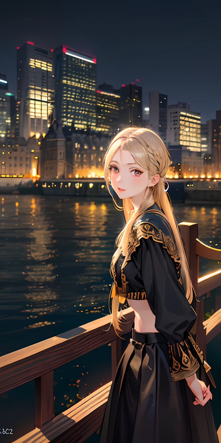 a girl is standing in a park at night with the clear sky in the background. Park Bench and soft light, back photo, (photography from side), looking back to the viewer, (masterpiece), ((ultra-detailed)), (highly detailed), (expressionless), (best quality:1.2), 8K, HDR, highres, absurdres:1.2, Perspective object, blurry background, bokeh:1.1, lens flare, (vibrant color:1.2), High-quality texture, detailed texture, High-quality lighting and shadow, a face of perfect proportion, full body, mature busty body, detailed skin texture, vibrant pale and lustrous skin, naturally saggy breasts, huge big breast:1.5, high waist, narrow waist:1.3, wide hip, full buttocks, detailed beautiful face, (pureerosface_v1:1.3) (ulzzang-6500:0.4) detailed beautiful eyes, symmetric eyes, perfect eyes, seductive eyes, beautiful nose, high nose, light blush, detailed lips, earrings, hoop earrings, necklace, jewelry, sapphire heart necklace, silver strappy high-heeled sandals, seductive expression, smile, perfect hands, detailed beautiful fingers, detailed beautiful legs, realistic hair, detailed hair, (Silver Dress,), nishikigi chisato, short hair, blonde hair, (red eyes:1.5), hair ribbon, bob cut, red hair ribbon,)