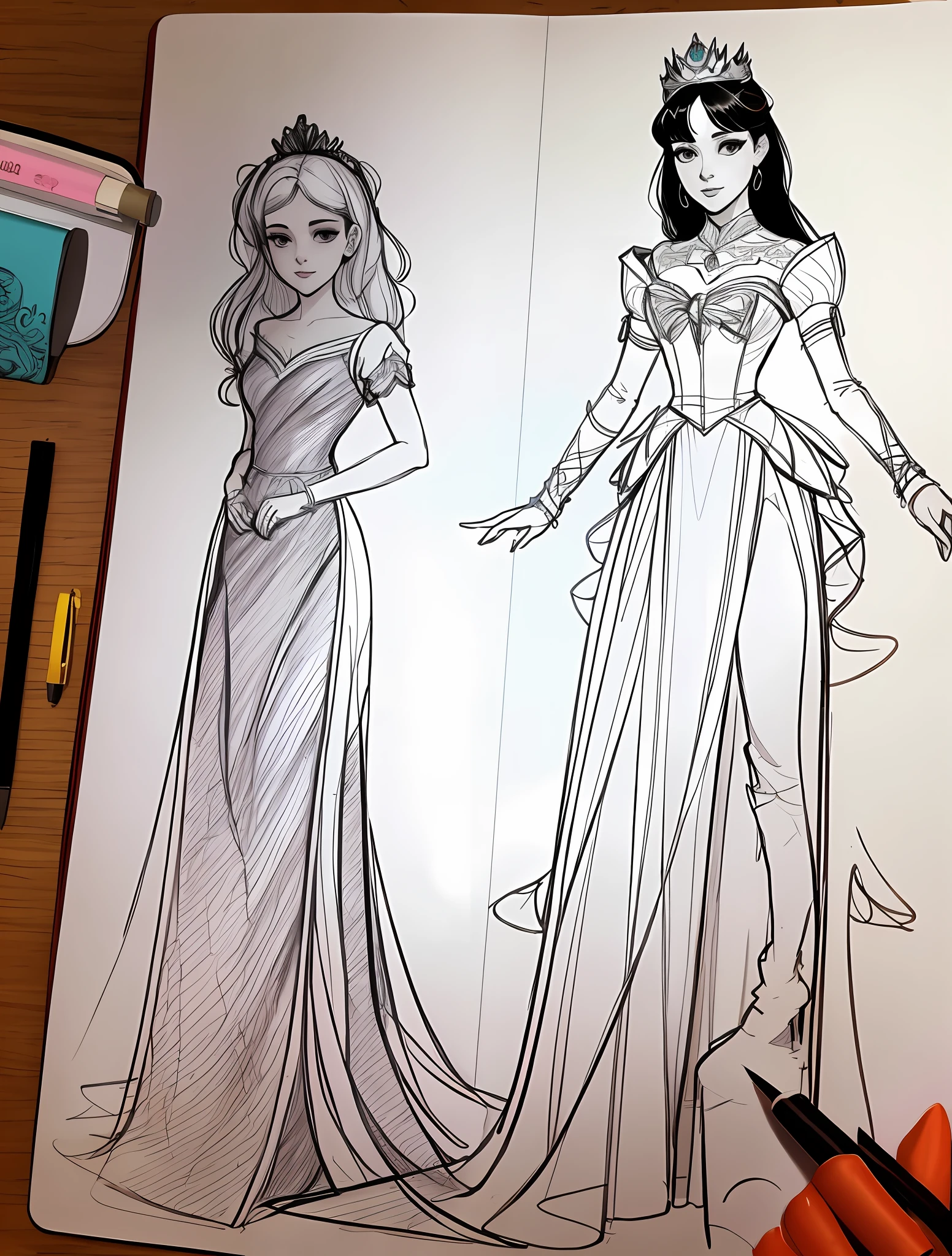 A sketch of a princess in a dress and tie on the table, in style of charlie bowater, intricate costume design, inspired by Charlie Bowater, Charlie Bowater style, charlie bowater art style, Detailed fanart, line work concept art, detailed full-body concept, costume design made with love, Character design sketch, fashion concept art, disney artstyle