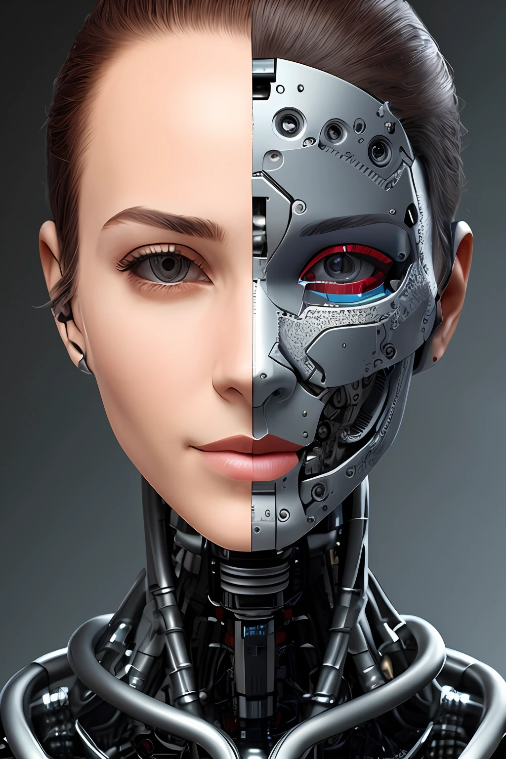 Cyborg face |Mechanical forehead,Mechanical cheeks,Female positive |Flesh-colored skin |Electronic systems: overhead humanoid robots |The details of the brain are right in front of you |Detailed connecting lines for the face |Biopunk |scybernetic |cyber punk perssonage |Canon M50|100mm|sharp fokus |ultra-realistic realism |The is very detailed|intricately details |Front view |head straight-looking at viewer |1 head per body,face to the viewer,Complex mechanical masks