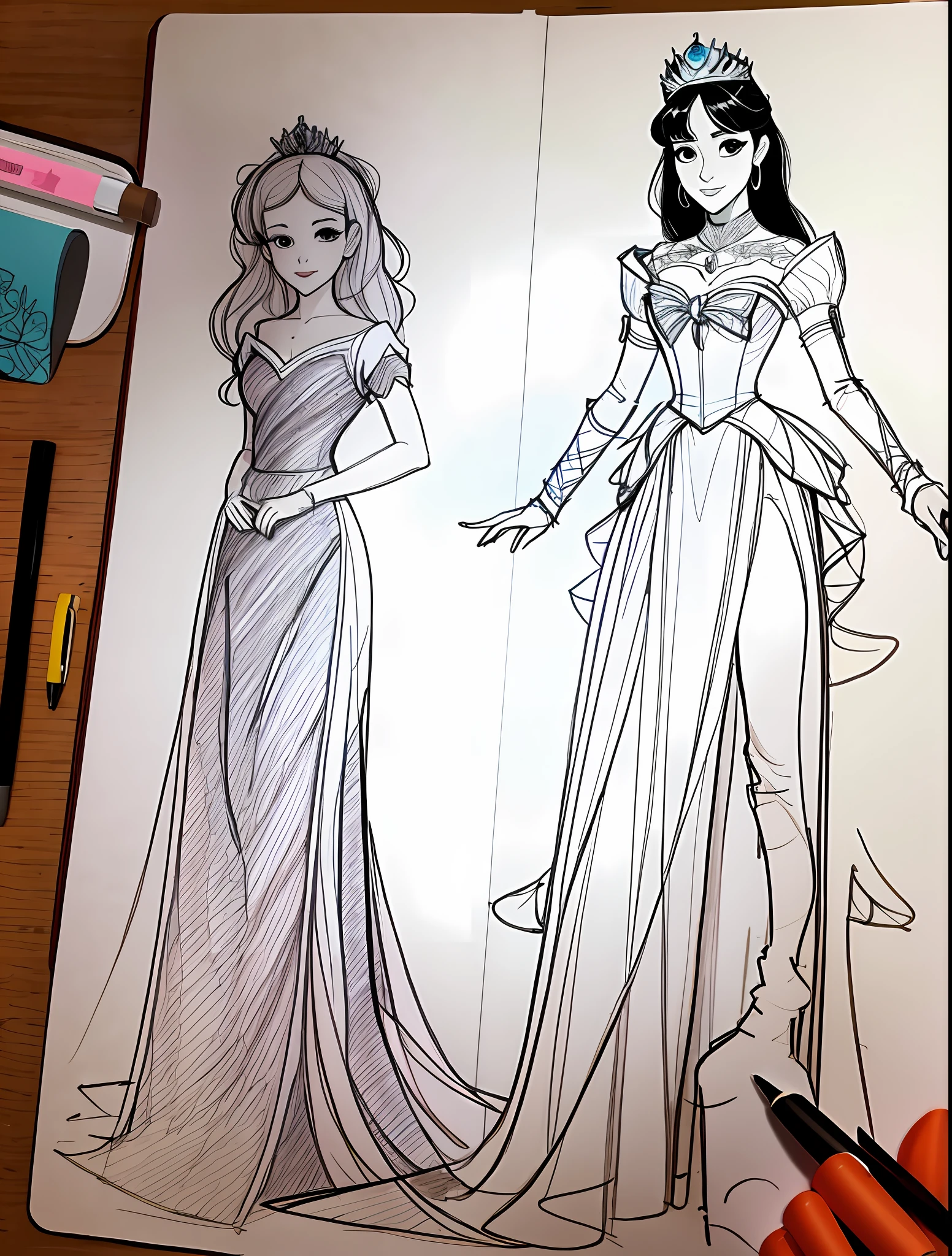 sketching，Line drawings，A princess，Wear a dress，full bodyesbian，are standing，Face the lens，cartoonish style，Hand-drawn draft