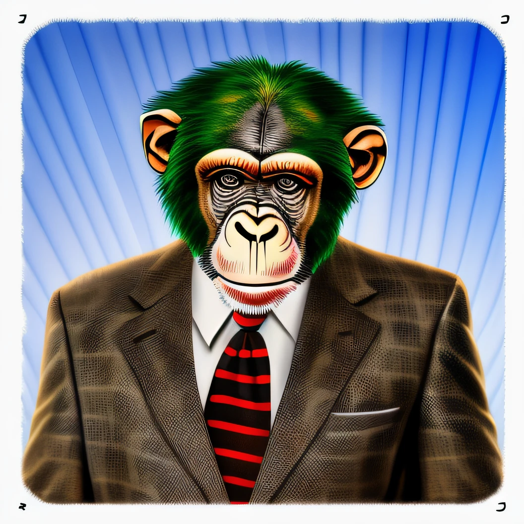 Image of a chimpanzee dressed in a suit and tie, Assunto= chimp, baboon wearing a suit and tie, Borat is a chimpanzee, Macaco, chimp, Macaco vestido de cientista, Macaco entediado nft, humanoid monkey fantasy race, in a business suit, vestindo um terno, vestindo terno, usando terno e gravata
