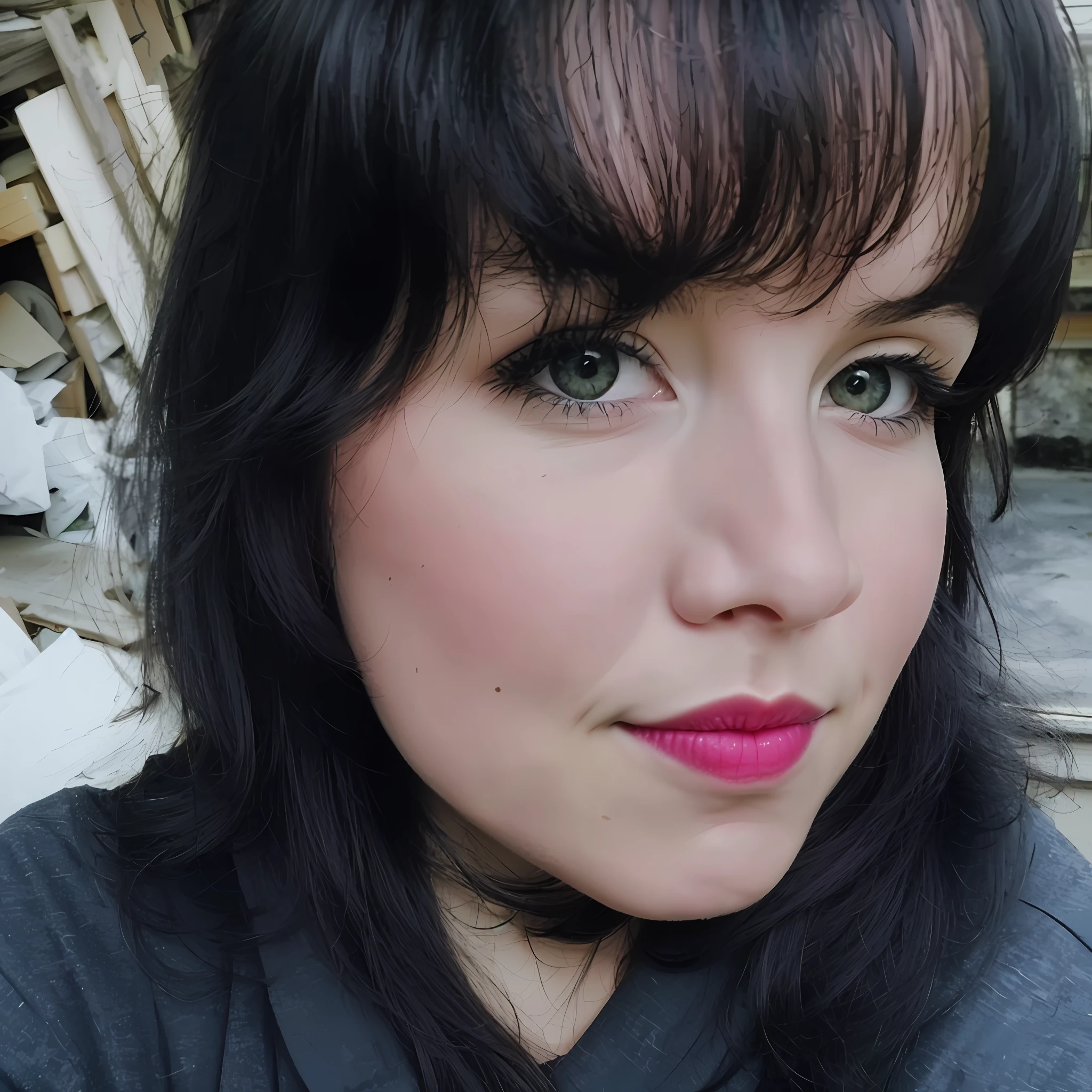 There's a woman in a black shirt and pink lipstick, imagem de perfil, foto de perfil headshot, medium close up portrait, Retrato Sabrina Lloyd, wearing goth makeup, foto do perfil, foto de perfil, Ela tem cabelo preto com franja, por Else Alfelt, full - rosto close - retrato para cima, foto de retrato detalhada, taken in the early 2020s