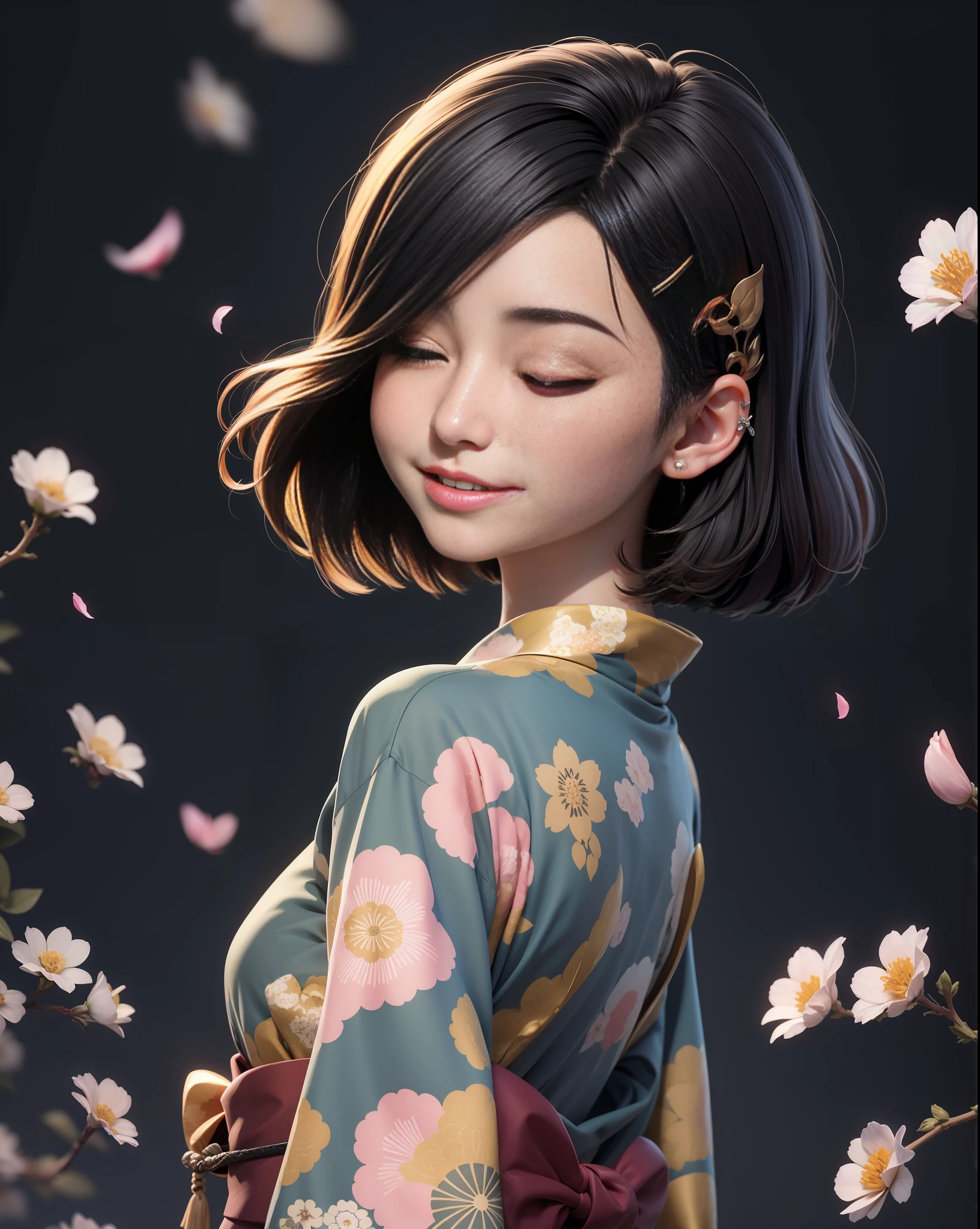 独奏、One、The wind is blowing、Looking up、Closed eyes、close one's eyes、Looking back、Floral pattern turning around、Komono、Wafuku、Kimono、Upper body body、a smile、closed mouths、short-haired、最好质量, femal、独奏, shiraga, black har, piercings, two tone hair,  Parted lips, Black eye, s lips, GothicC, Mole, naturey、hair clips、Petals spread gracefully、Fine details are meticulously expressed、Delicate pattern