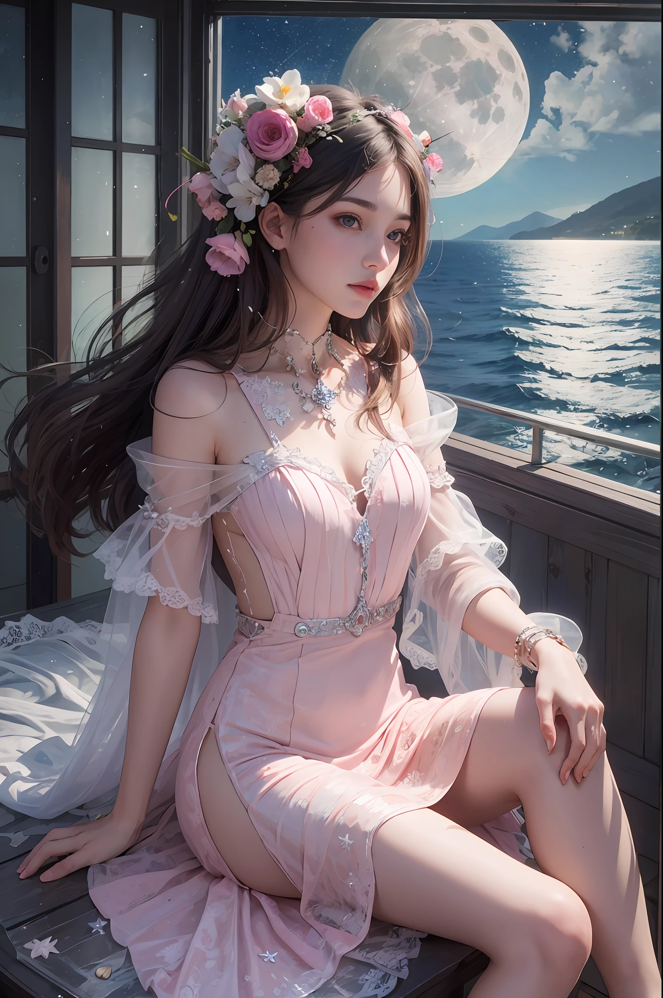 Absurd, ultra-detailed, high quality, masterpiece, beautiful face, eyes detailed, the girl , with pink long transparent dress , sitting in balcony , in ocean , moon light and clear sky with stars,