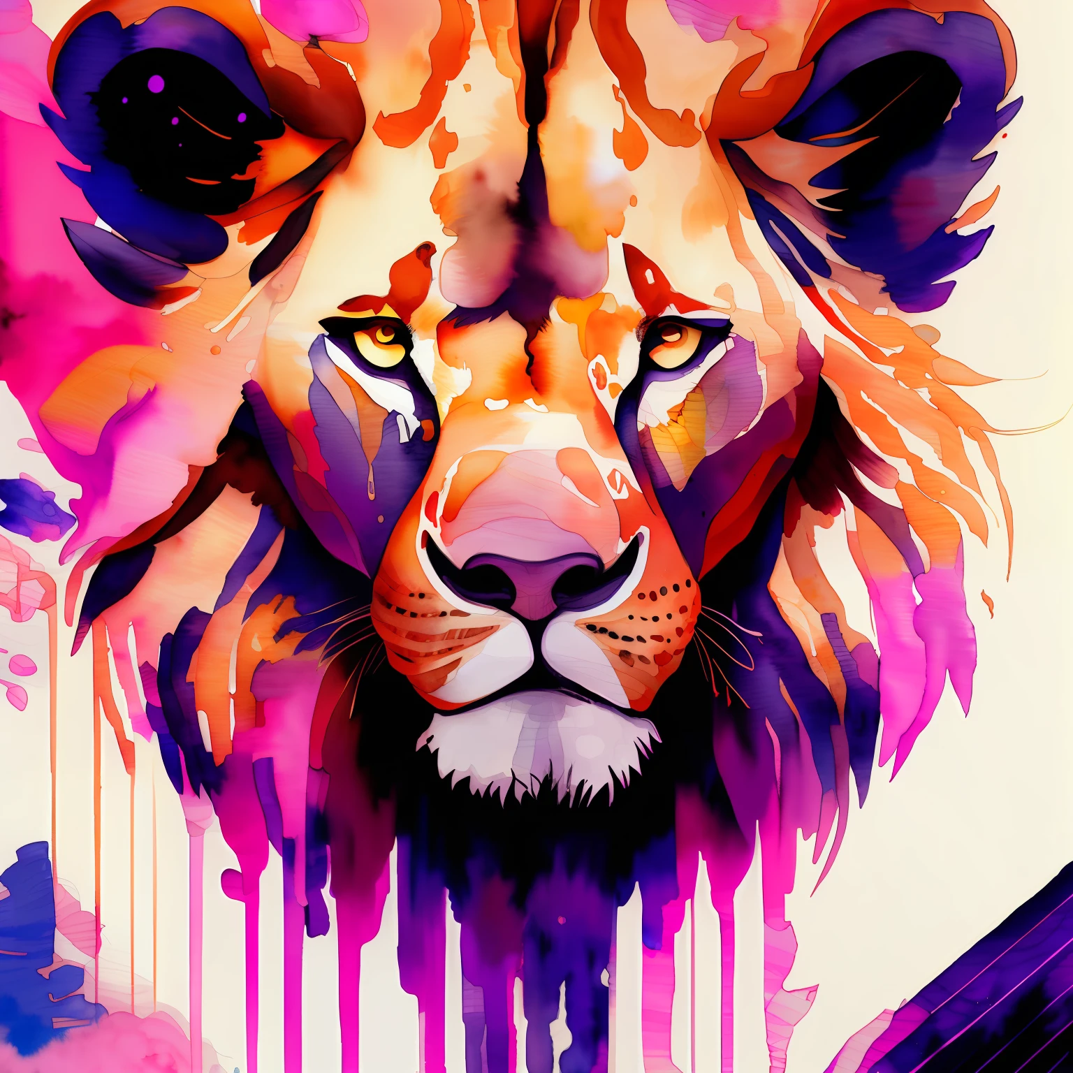 wtrcolor style, digital art of (lion character), official art, frontal, smiling, masterpiece, beautiful, ((watercolor)), face painting, ink splashes, intricate details. Detailed and highly detailed eyes, [pinging: 0.5], Trend in artstation, by Rachel Walker --auto