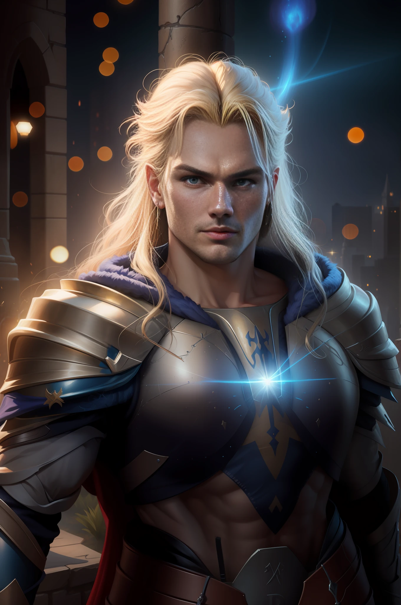 um close up de um homem com uma espada e armadura, Arthas, Asgardiano, Arthas Menethil, 8K Artgerm Bokeh, 3 d render arte do caractere 8 k, elvish blonde male warrior, Henry Cavill como Arthas Menethil, estilo fantasia 8 k octane render, Epic Fantasy Digital Art Style, O melhor da artstation