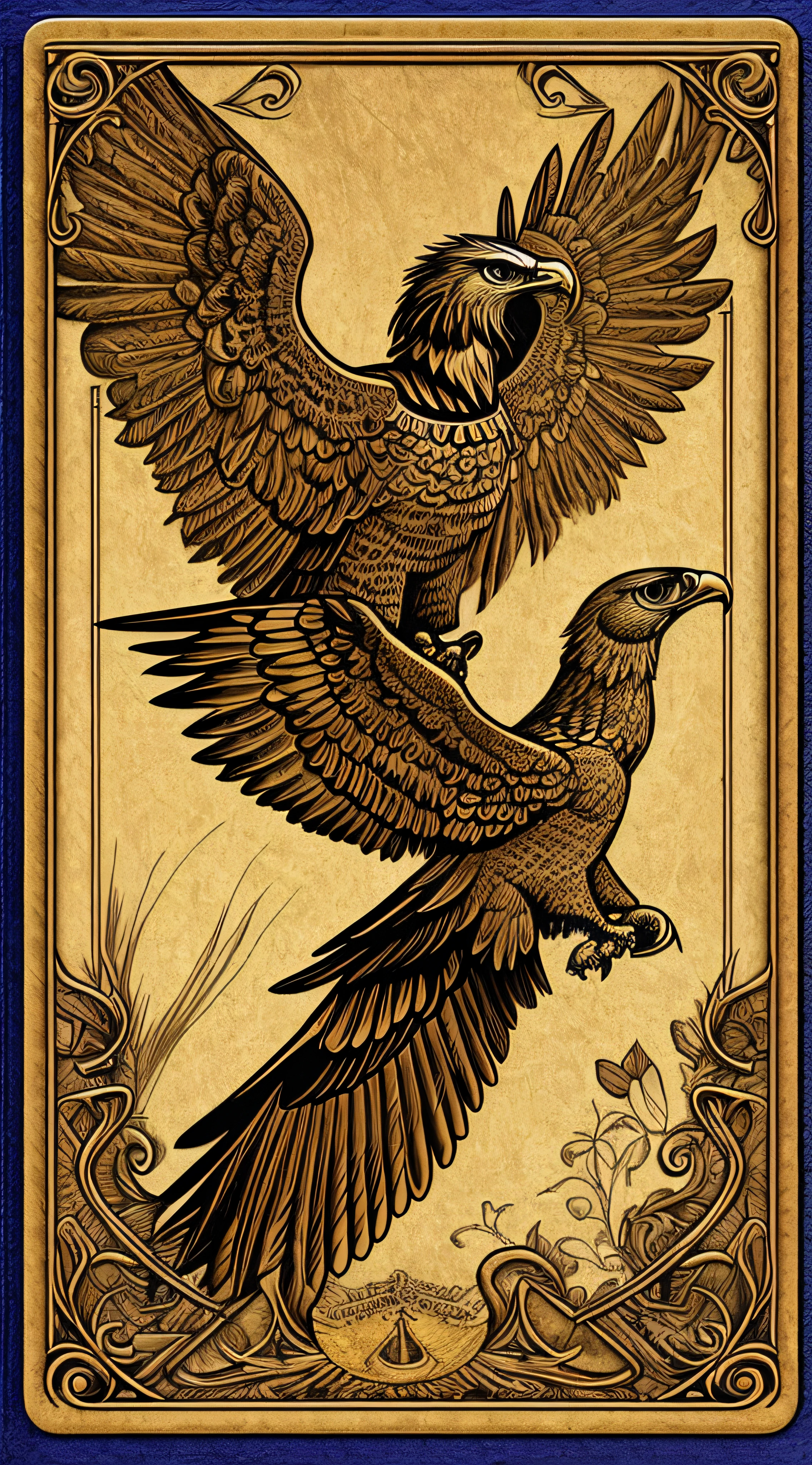 high detailed crest design Egyptian eagle steampunk style, texture details with gold, iron and leather, tarot card layout --auto