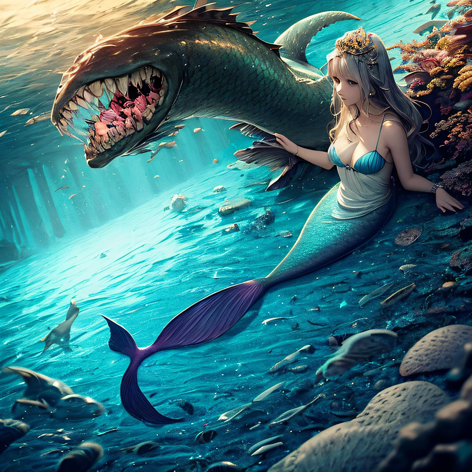 a mermaid with a scary looking and sea monster appearance in the ocean's depth --auto