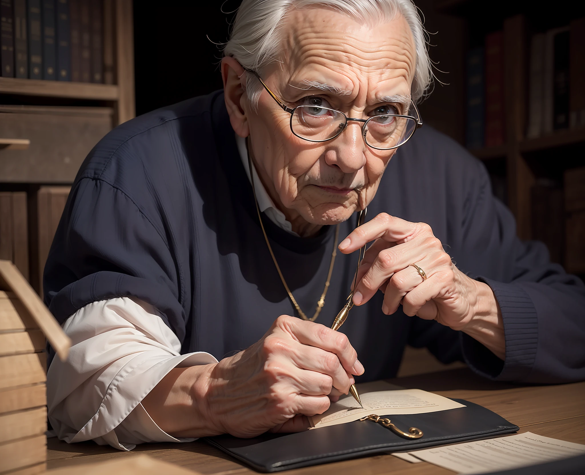 Close-up on the hand of an elderly man, tirando um manuscrito da fenda em uma parede de estilo medieval, Noite escura, 8k, fantasia sombria, maximum detailed, alta qualidade