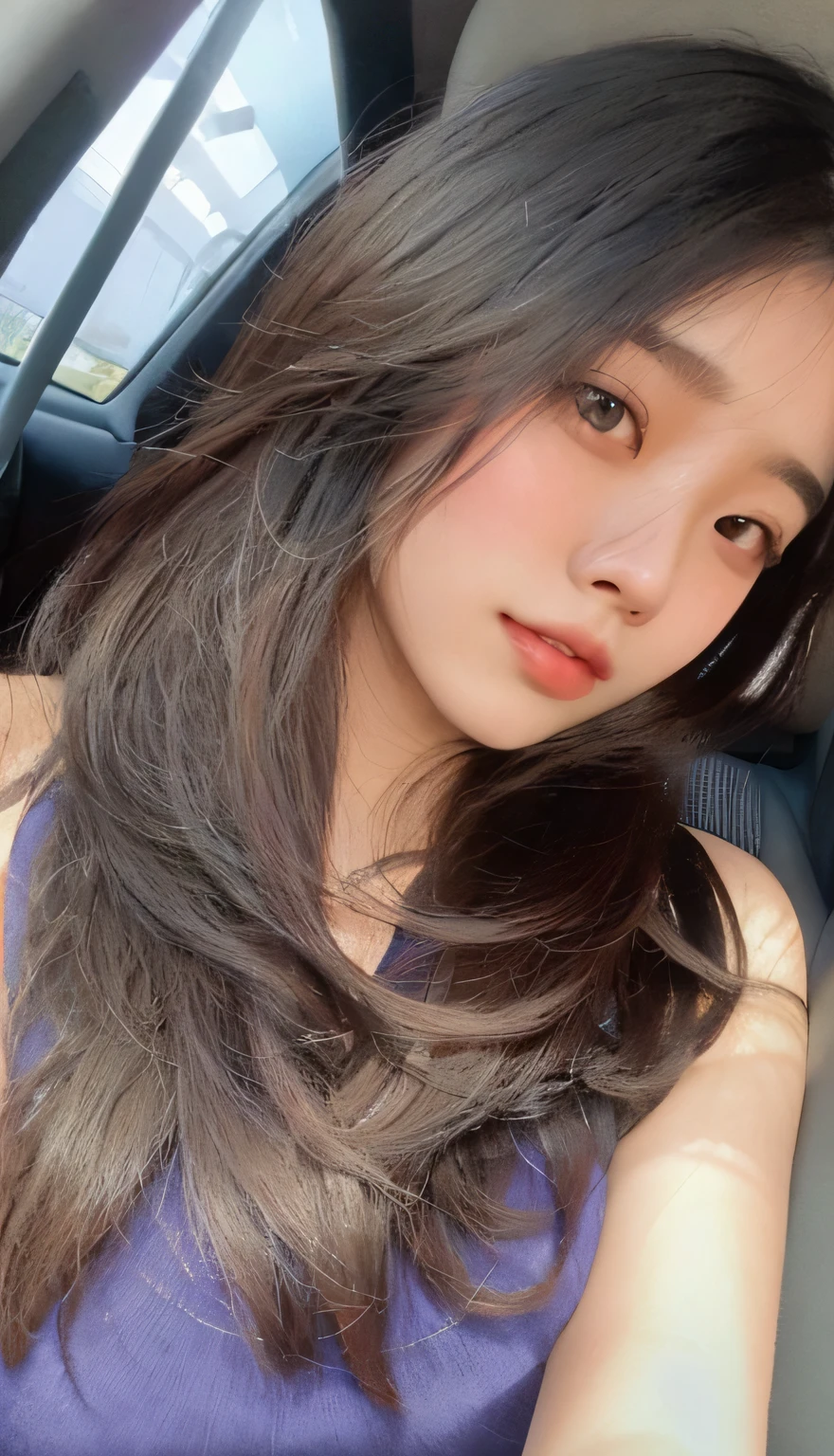 arafed woman with long hair sitting in a car, 18 years old, 2 2 years old, dilraba dilmurat, 21 years old, nivanh chanthara, cindy avelino, 2 3 years old, 1 6 years old, mai anh tran, leaked image, south east asian with round face, lalisa manobal, masterpiece, 8k, cleavage, big boobs, bust detail, hair detail, eye detail