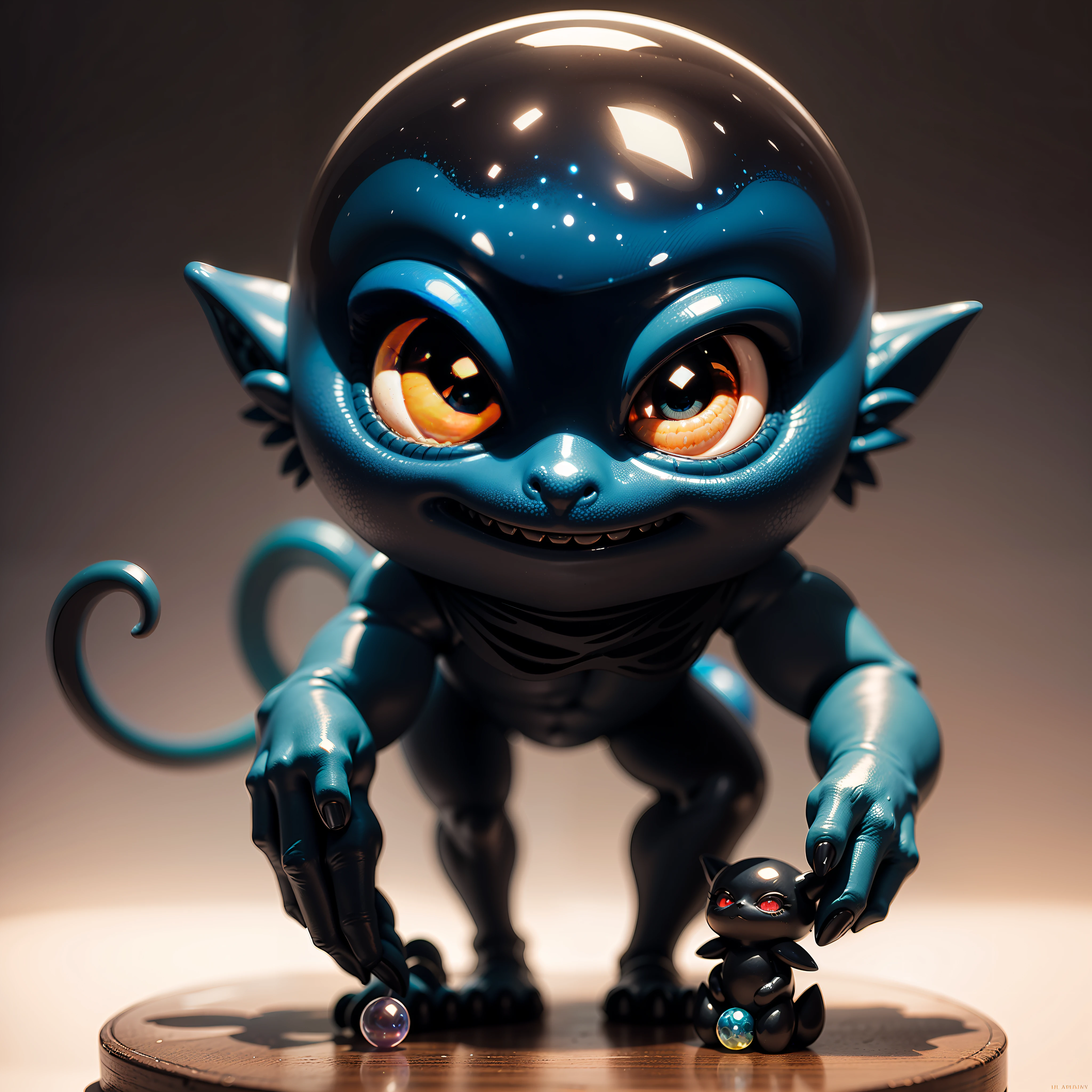 (WIDE VIEW), HD, 16k, a blind box figurine featuring a surreal creature from a dark and whimsical realm with a marble-like texture. The creature has a twisted and dark body with playful and colorful patterns and shapes on its skin. Its large, curious eyes seem to sparkle with mischief, and it wears a mischievous grin on its face. The figurine is made of a smooth and glossy material, resembling glass marbles.