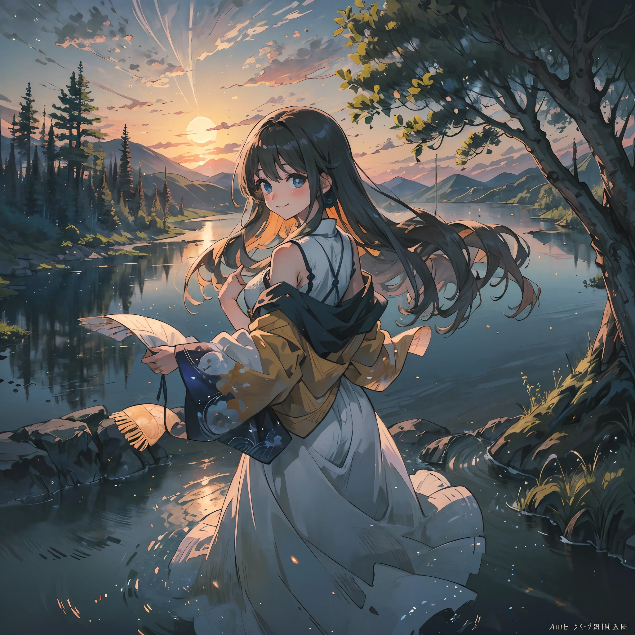 beautiful anime girl, Embarrassed smile and light blue eyes, wears a dress with folklore embroideries and patterns. The landscape behind her shoulders is colorful and rich, with a bright sun and celestial clouds, which easily transfers to a warm and affectionate summer. There are trees in the background plot, Moon and water. --auto