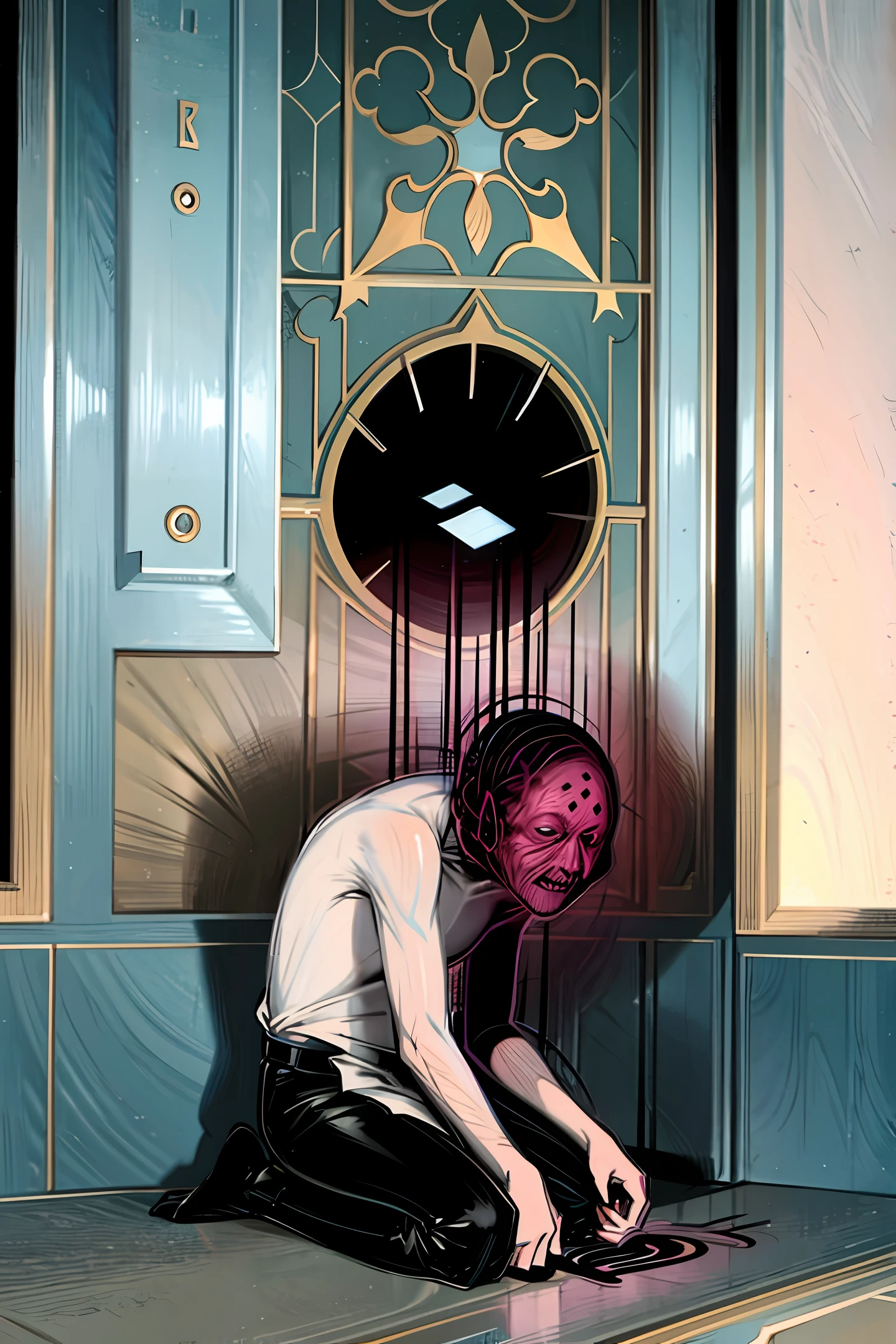 In a strange space, there is a man kneeling on the ground，With a face full of fear, he tore open the clothes on his chest, as if looking for something