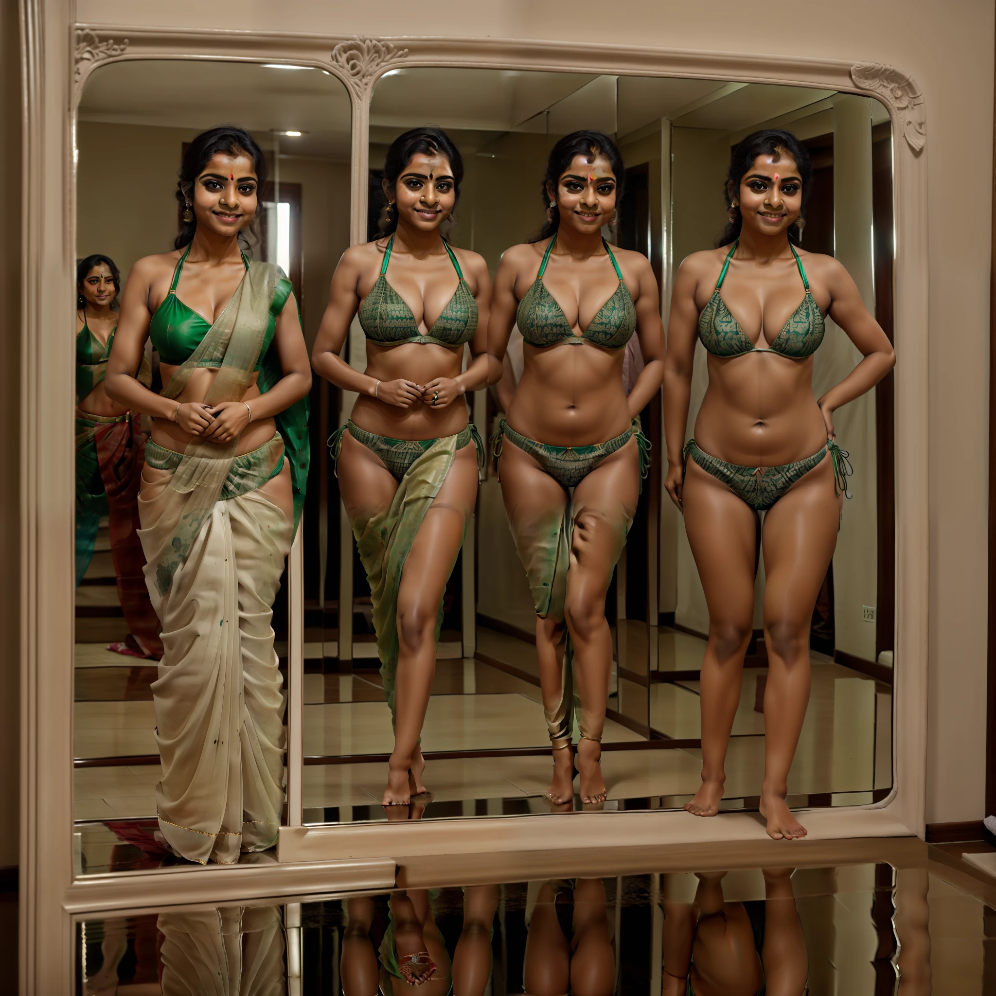 Splitscreen editorial photo of an Indian woman, shot on Canon Eos 7D, ((wearing saree and bikini:1.4)), in skyscraper, office meeting, 32k, cinematic composition, professional color grading, film grain, atmosphere, wondrous, visible navel, ((anatomically correct:1.4)), hyperrealistic, (looking at camera), skirt pulled down, busty, curvy, smiling, ((reflection on a mirror:1.4)), looking at a mirror, ((full body shot))