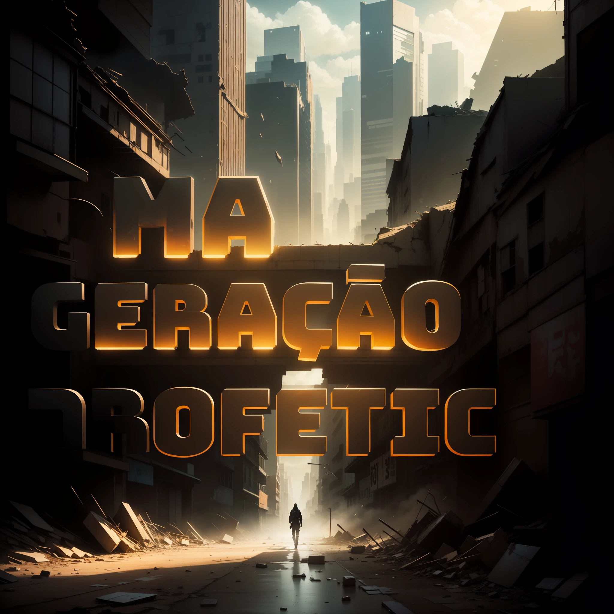 Apocalyptic backdrop destroyed city,  Letras de vidro transparent, mais luz mostras letras, mostrar cidade