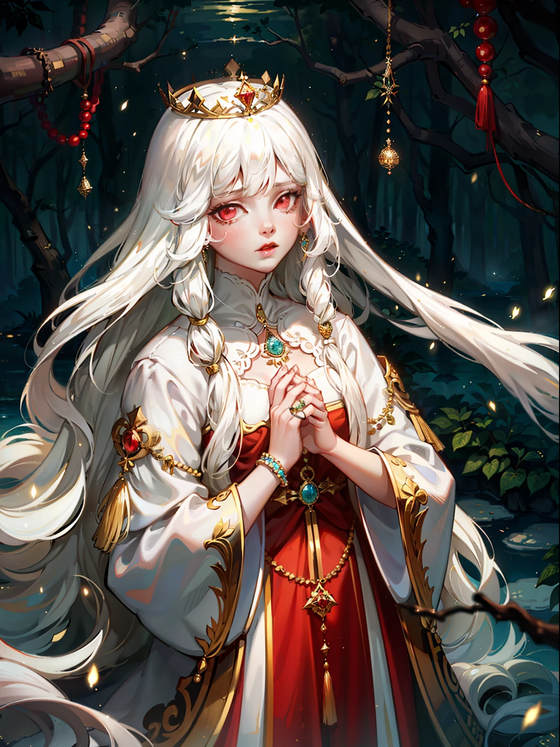 1 girl, long hair, crown, milky colors, white hair, red eyes, praying, robe, jewelry, forest, lake, stylish_style2, potrtrait