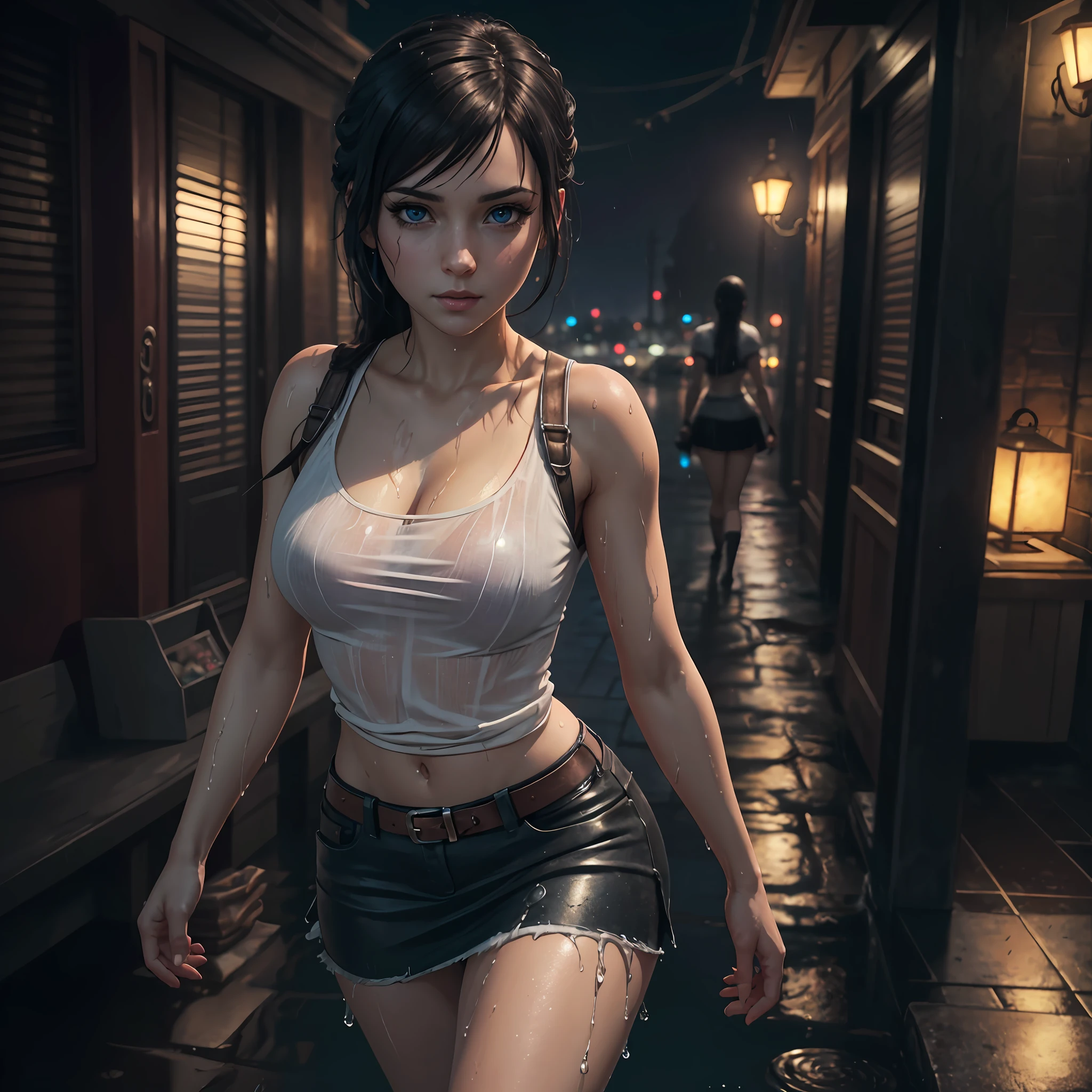 photo-realistic,Realistic illustration in Manga style,((Masterpiece)),((Best quality)),((Ultra detailed)),((1girl)),((solo)),((Waifu:1.5)),Perfect anatomy,Cute_face,waifu Tifa Lockhart final fantasy 7 remake,wet clothes,white blouse,black Miniskirt,black socks,Red_eyes,wavy hair,eyeliner,cute Makeup,((Perfect detailed eyes )),cyberpunk city,rain outside,nighttime,((Extremely CG Unity 8K Wallpaper)),Intricate details,extremely beautiful and aesthetic,Octane rendering,full body portrait,wet skin,((perfect detailed body)) --auto