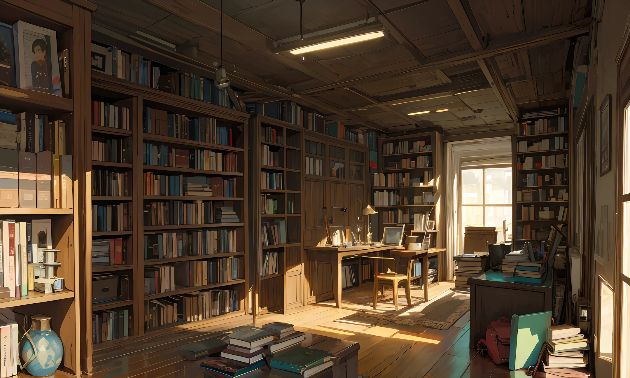 Scientific environment, cercado de livros e instrumentos de pesquisa.(