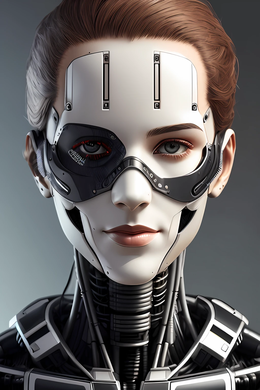 Cyborg face |Mechanical forehead，Mechanical cheeks，Male positive |Flesh-colored skin |Electronic systems: overhead humanoid robots |The details of the brain are right in front of you |Detailed connecting lines for the face |Biopunk |scybernetic |cyber punk perssonage |Canon M50|100mm|sharp fokus |ultra-realistic realism |The is very detailed|intricately details |Front view |head straight-looking at viewer |1 head per body，face to the viewer，Complex mechanical masks