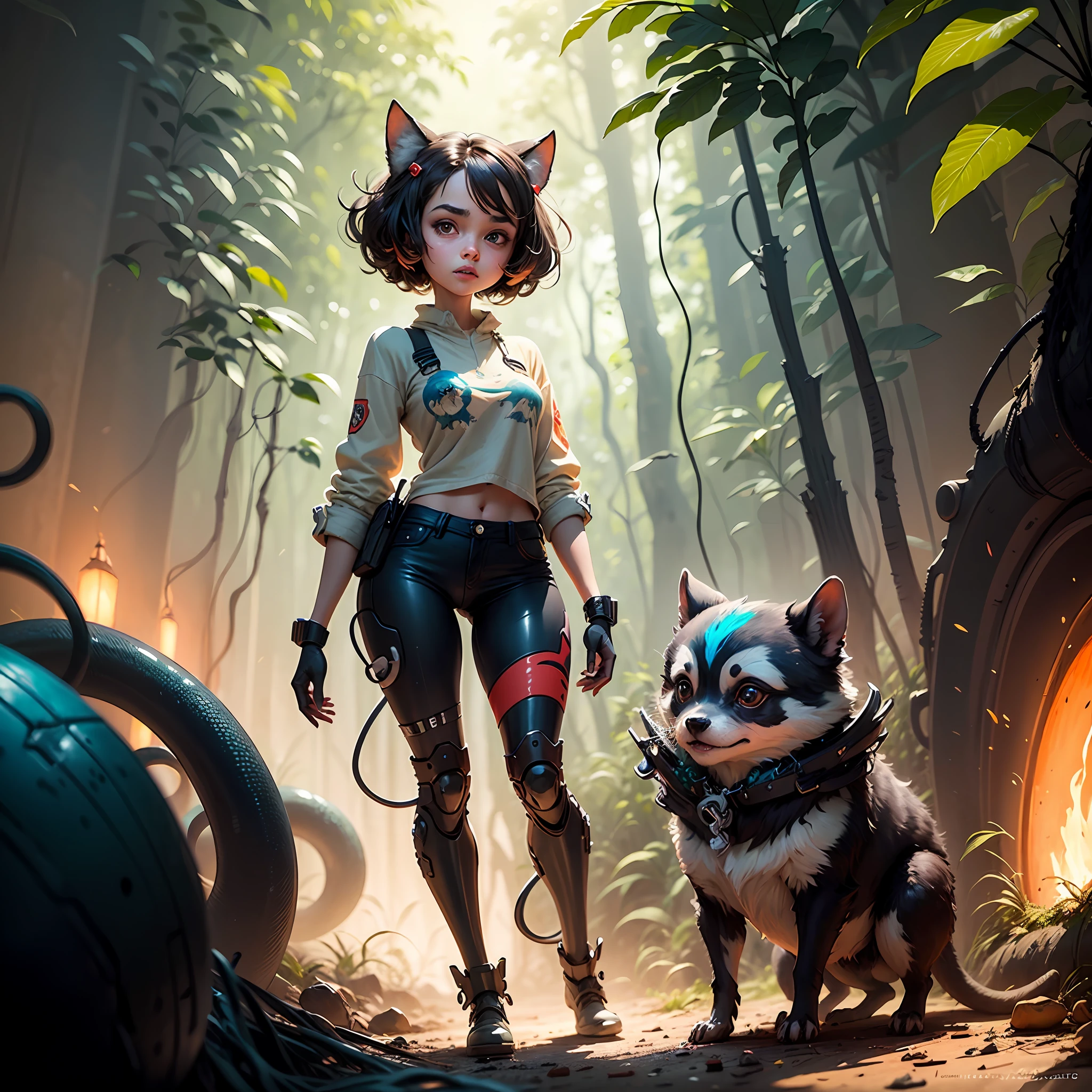 cute multicolor woman and animal cyborg in jungle!! Cute big eyes ! sticky tentacles!!!!, highly detailed, perfect composition, digital painting, artstation, concept art, smooth, sharp focus, illustration, Carne Griffiths, pixar, Victo ngai, Jean Baptiste Monge, dramatic lighting --auto