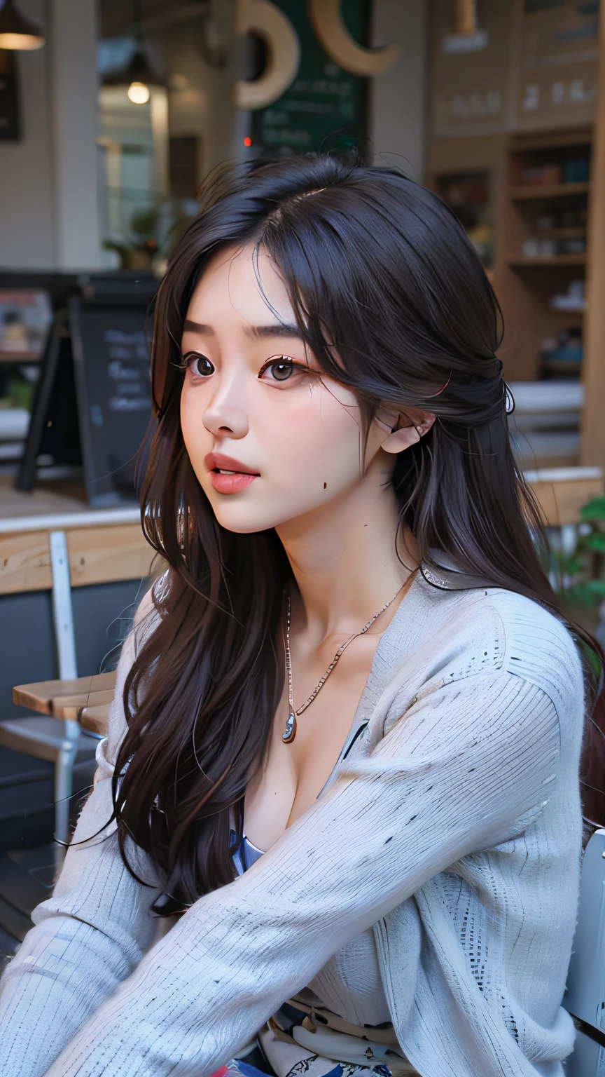 araffe asian woman sitting on a bench in a cafe, beautiful south korean woman, beautiful young korean woman, gorgeous young korean woman, korean girl, jaeyeon nam, korean woman, young adorable korean face, bae suzy, heonhwa choe, cute korean actress, wan adorable korean face, lovely delicate face, jinyoung shin, female actress from korea, masterpiece, 8k, cleavage, big boobs, bust detail, hair detail, eye detail