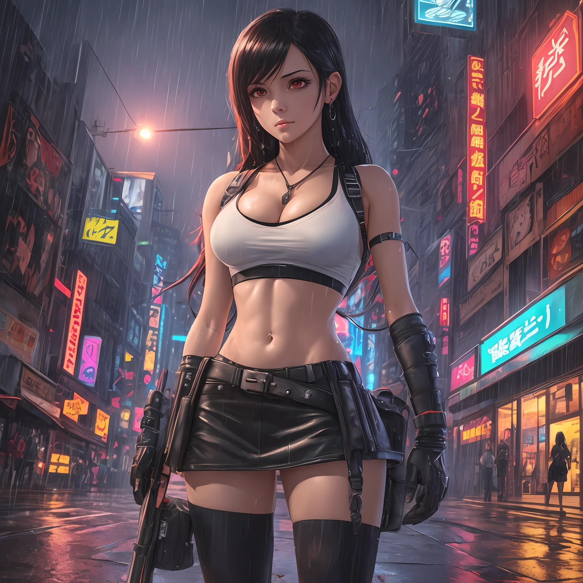 photo-realistic,Realistic illustration in Manga style,((Masterpiece)),((Best quality)),((Ultra detailed)),16K,RTX,HDR,((1girl)),((waifu:1.5)),Perfect anatomy,Cute_face,waifu Tifa Lockhart final fantasy 7 remake,wet clothes,white blouse,black Miniskirt,black socks,Red_eyes,wavy hair,eyeliner,cute Makeup,((Perfect detailed eyes )),cyberpunk city,rain outside,nighttime,((Extremely CG Unity 8K Wallpaper)),Intricate details,extremely beautiful and aesthetic,Octane rendering,full body portrait,wet skin,((perfect detailed body))