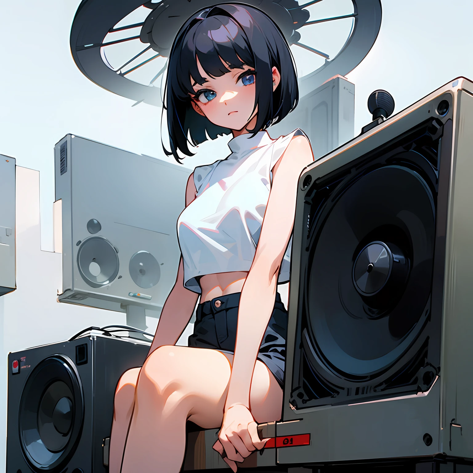 a girl drawn in the style of an old anime sits in a white room.
The girl has black hair, bob haircut.
The girl is wearing a white top.
there is a fan and large music speakers nearby --auto