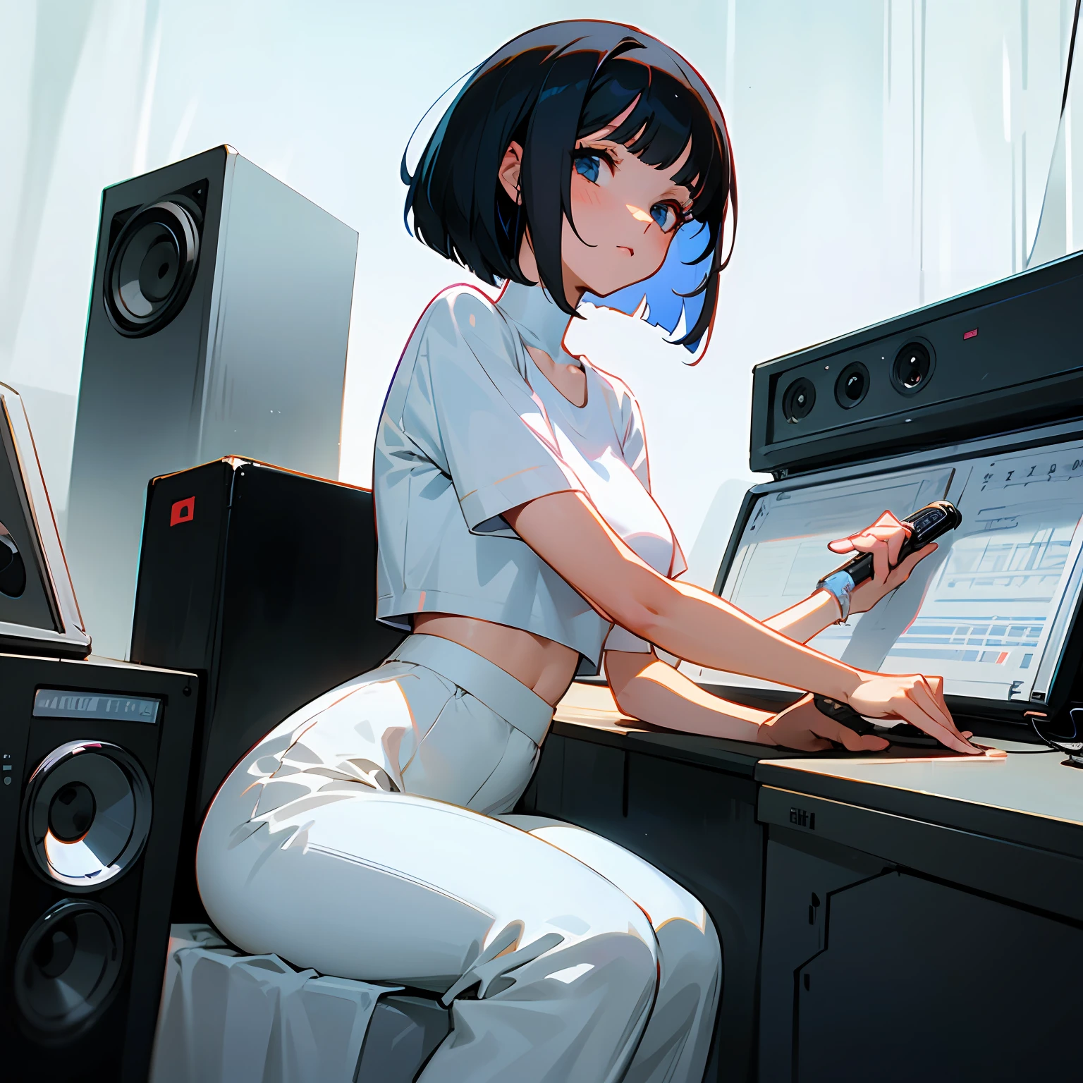 a girl drawn in the style of an old anime sits in a white room.
The girl has black hair, bob haircut.
The girl is wearing a white top.
there is a fan and large music speakers nearby --auto