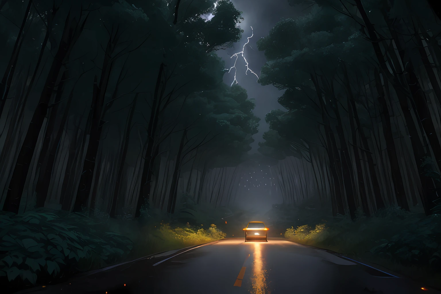 A dense forest in the midst of a heavy nighttime downpour, with raindrops cascading down the trees and thunder rumbling in the distance, masterpiece, best quality, high quality, extremely detailed CG unity 8k wallpaper, oil paiting, award winning photography, Bokeh, Depth of Field, HDR, bloom, Chromatic Aberration ,Photorealistic,extremely detailed, trending on artstation, trending on CGsociety, Intricate, High Detail, dramatic, art by midjourney, (volumetric lighting:1.2)