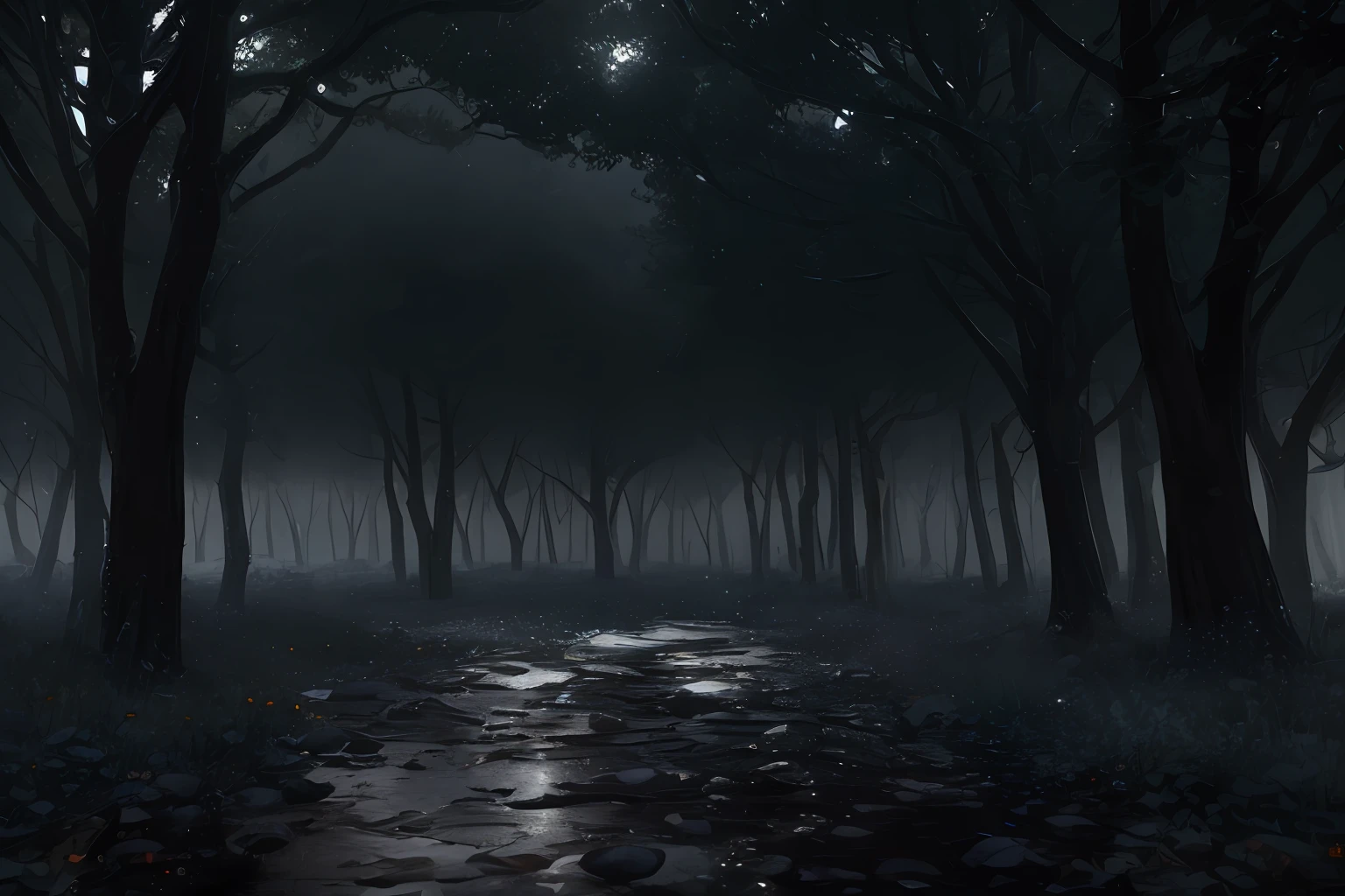 A dense forest in the midst of a heavy nighttime downpour, with raindrops cascading down the trees and thunder rumbling in the distance, masterpiece, best quality, high quality, extremely detailed CG unity 8k wallpaper, oil paiting, award winning photography, Bokeh, Depth of Field, HDR, bloom, Chromatic Aberration ,Photorealistic,extremely detailed, trending on artstation, trending on CGsociety, Intricate, High Detail, dramatic, art by midjourney, (volumetric lighting:1.2)