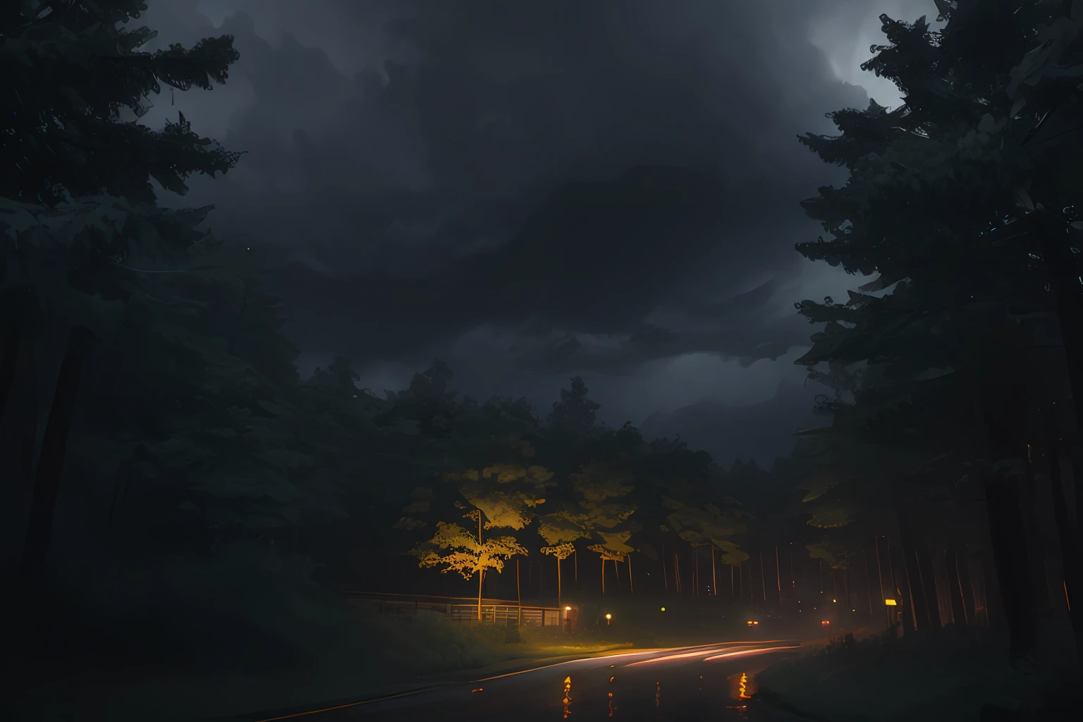 A dense forest in the midst of a heavy nighttime downpour, with raindrops cascading down the trees and thunder rumbling in the distance, masterpiece, best quality, high quality, extremely detailed CG unity 8k wallpaper, oil paiting, award winning photography, Bokeh, Depth of Field, HDR, bloom, Chromatic Aberration ,Photorealistic,extremely detailed, trending on artstation, trending on CGsociety, Intricate, High Detail, dramatic, art by midjourney, (volumetric lighting:1.2)