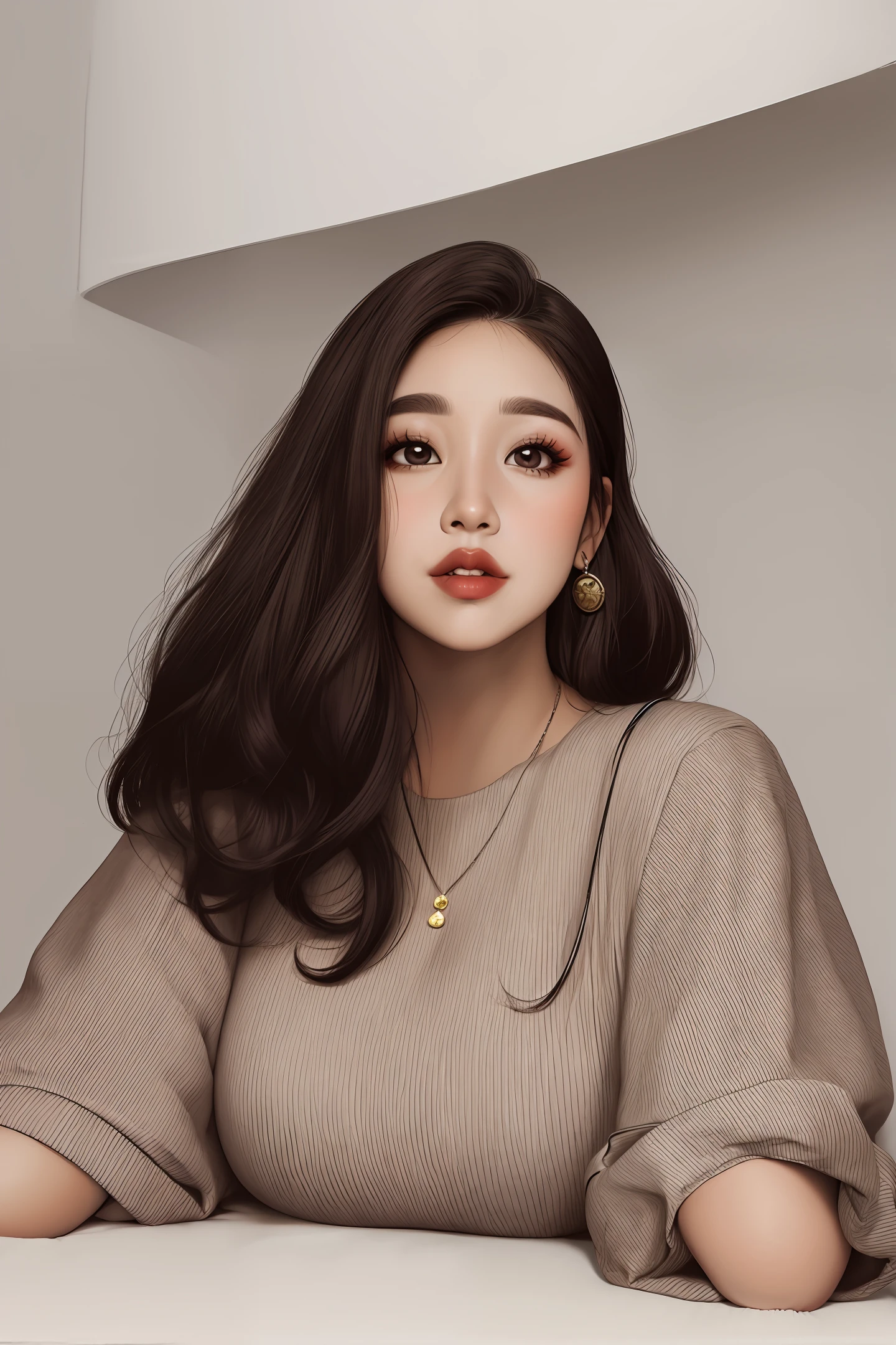 rosto arredondado, gorda, obesa ,realista, pele parda, cabelo preto, ondulado realista, nariz redondo, olhos pretos pequenos, papada, thick lips