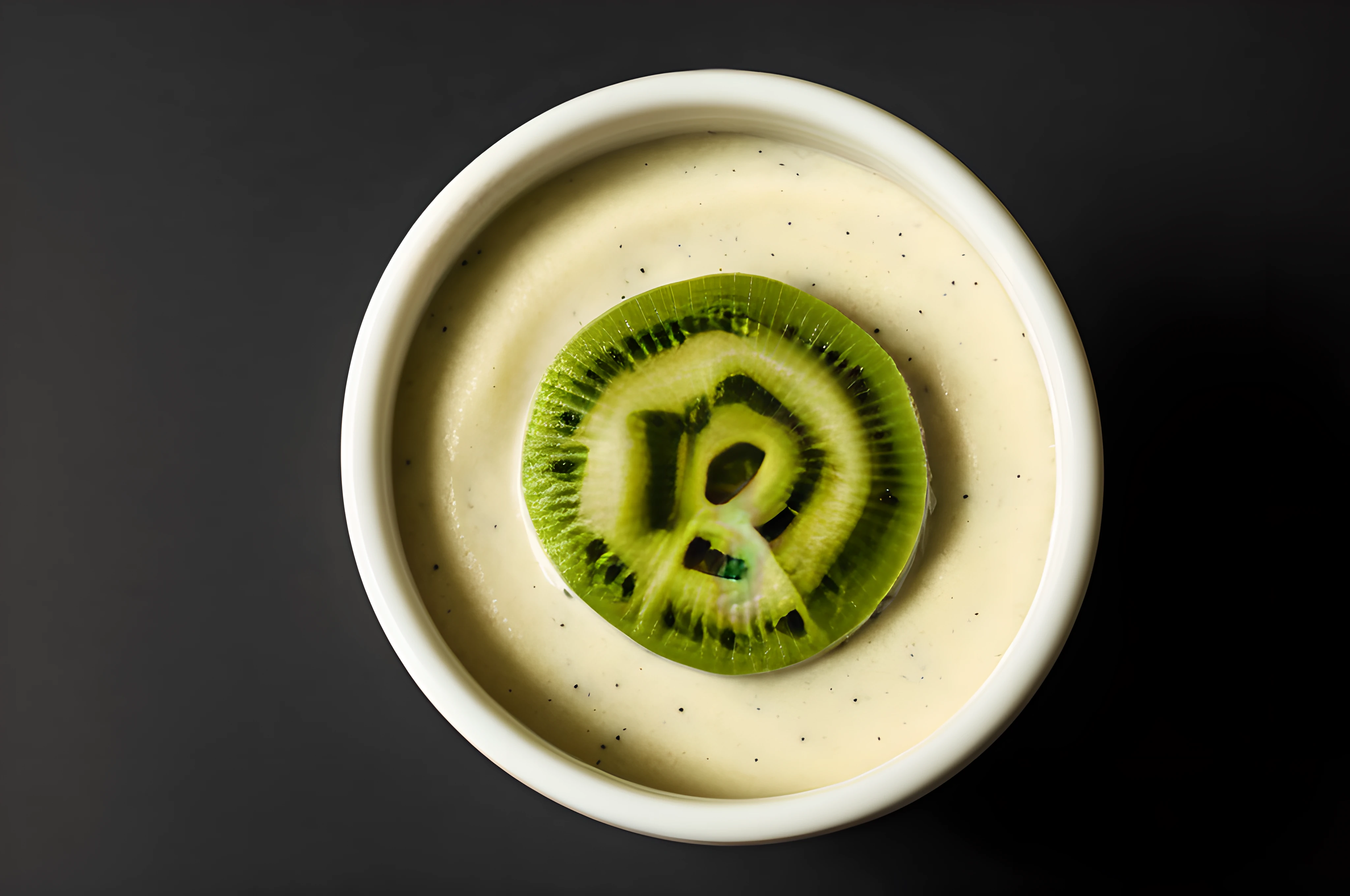 pot of yogurt with kiwi, front view, cinematic image, advertisement, isolated black background