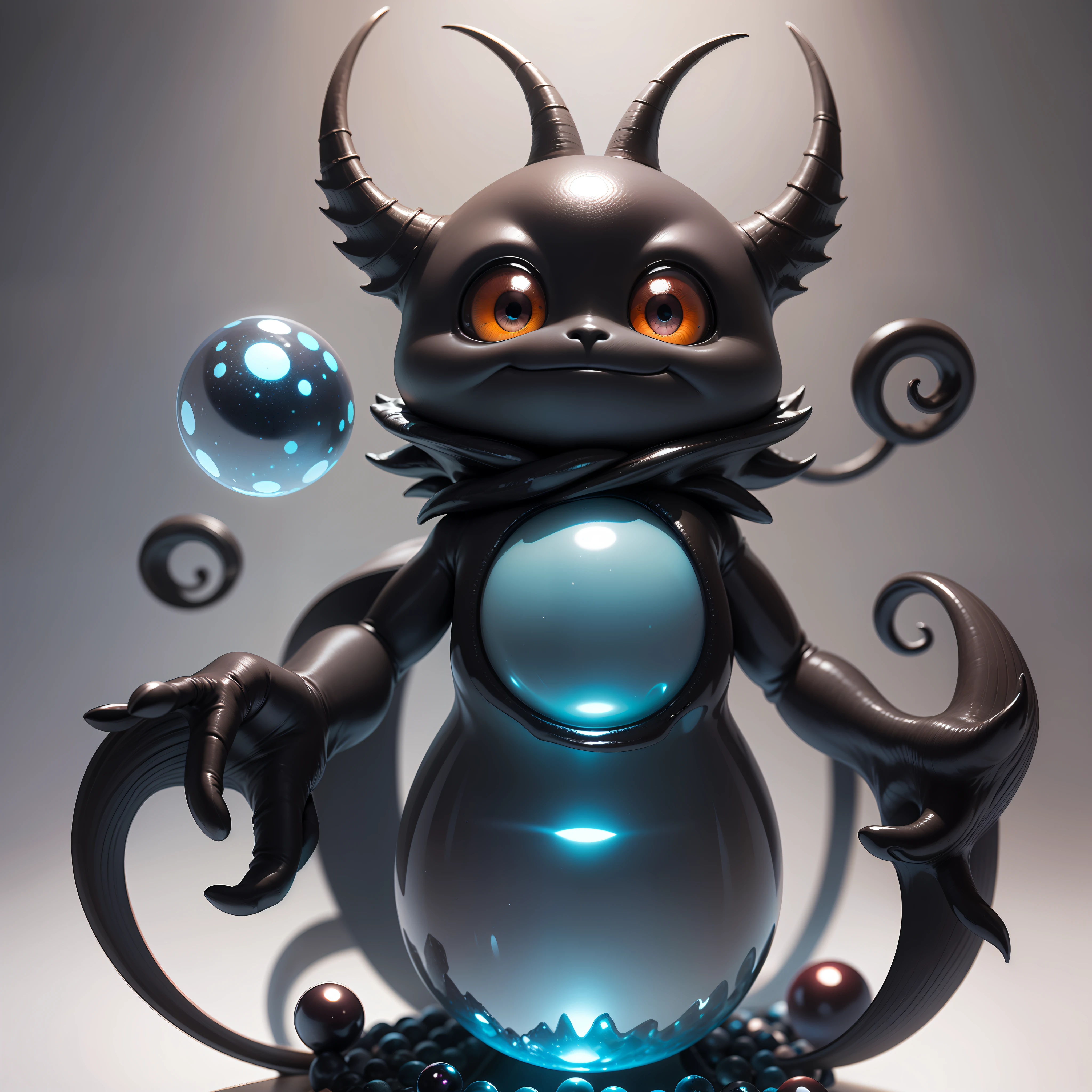 (WIDE VIEW), HD, 16k, a blind box figurine featuring a surreal creature from a dark and whimsical realm with a marble-like texture. The creature has a twisted and dark body with playful and colorful patterns and shapes on its skin. Its large, curious eyes seem to sparkle with mischief, and it wears a mischievous grin on its face. The figurine is made of a smooth and glossy material, resembling glass marbles.