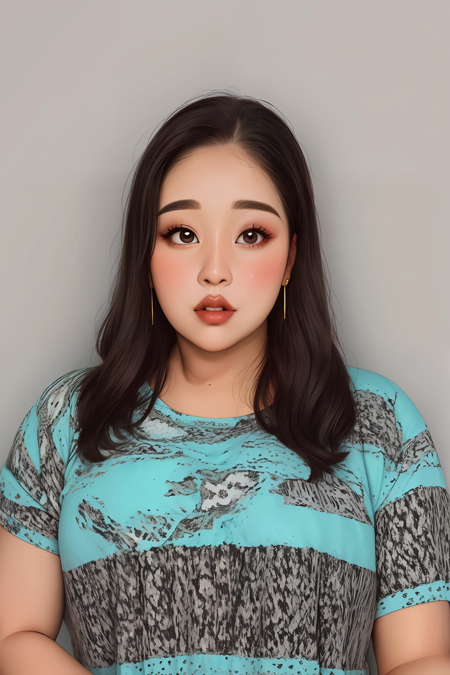 rosto arredondado, gorda, obesa ,realista, pele parda, cabelo preto, ondulado realista, nariz redondo, olhos pretos pequenos, papada, thick lips