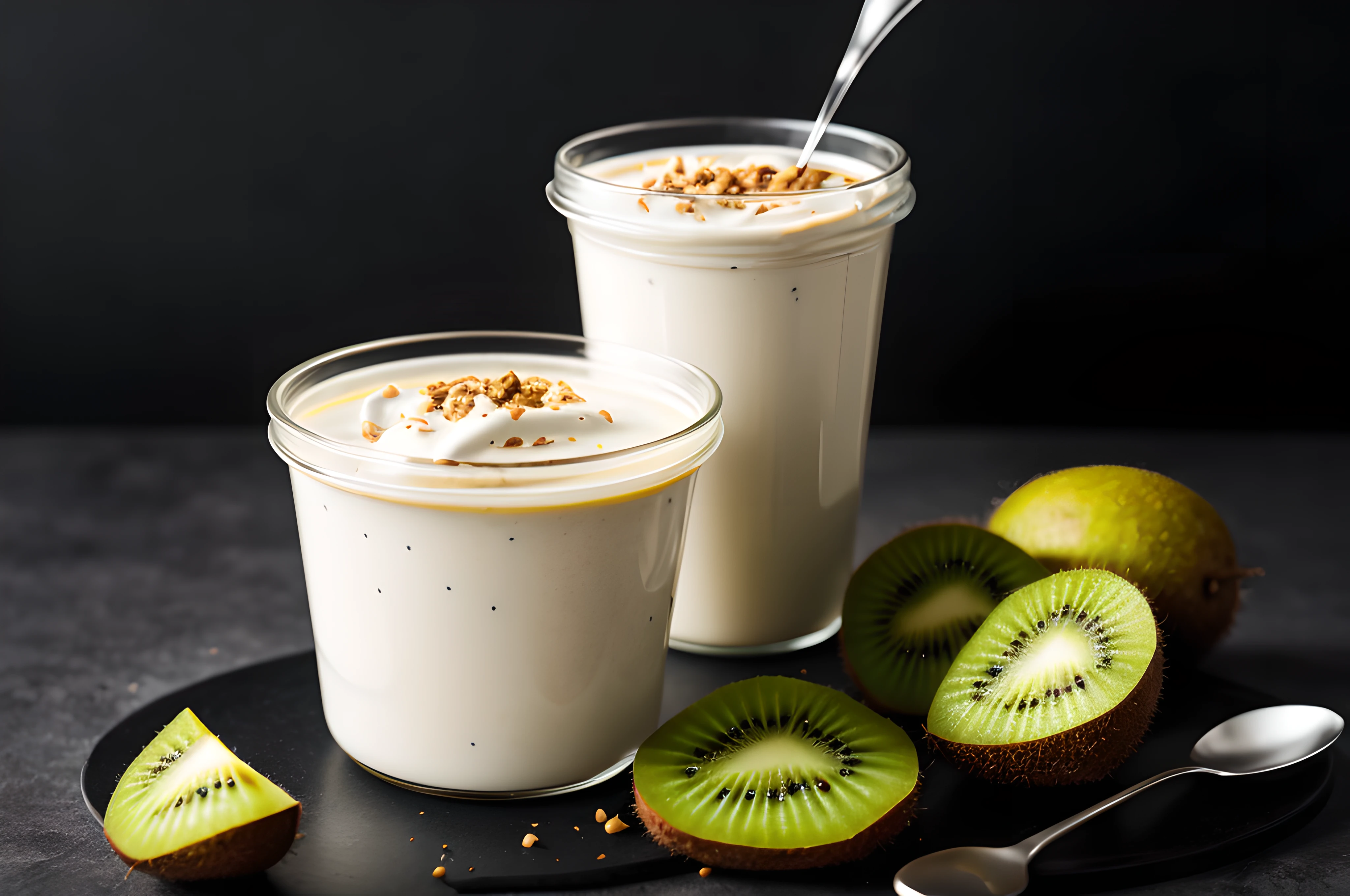 pot of yogurt with kiwi, front view, cinematic image, advertisement, isolated black background