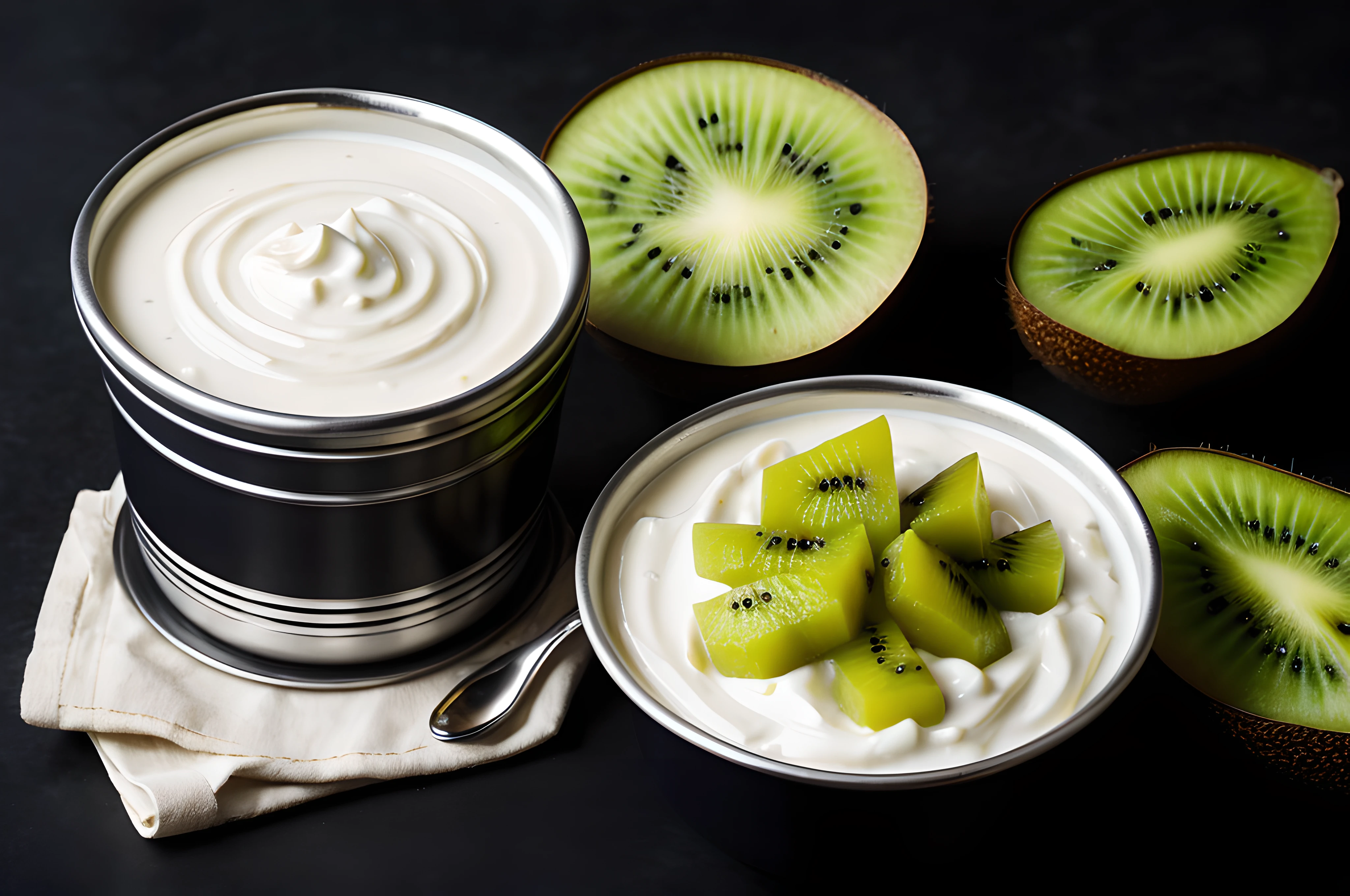 pot of yogurt with kiwi, front view, cinematic image, advertisement, isolated black background