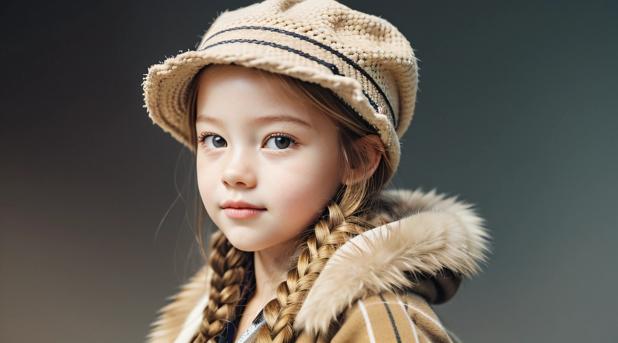 GIRL BLONDE CHILD IN BRAID, in a fur coat and hat posing for a photo, modelo jovem lindo, usando uma boina francesa, ombreiras de pele, usando uma boina, estilo peludo, elegante, mackenzie foy, usando um casaco de pele, jovem, usando um casaco de pele de luxo, meninao, childrens, menina pequedelo muito bonita, modelo de moda, uma boina oversized