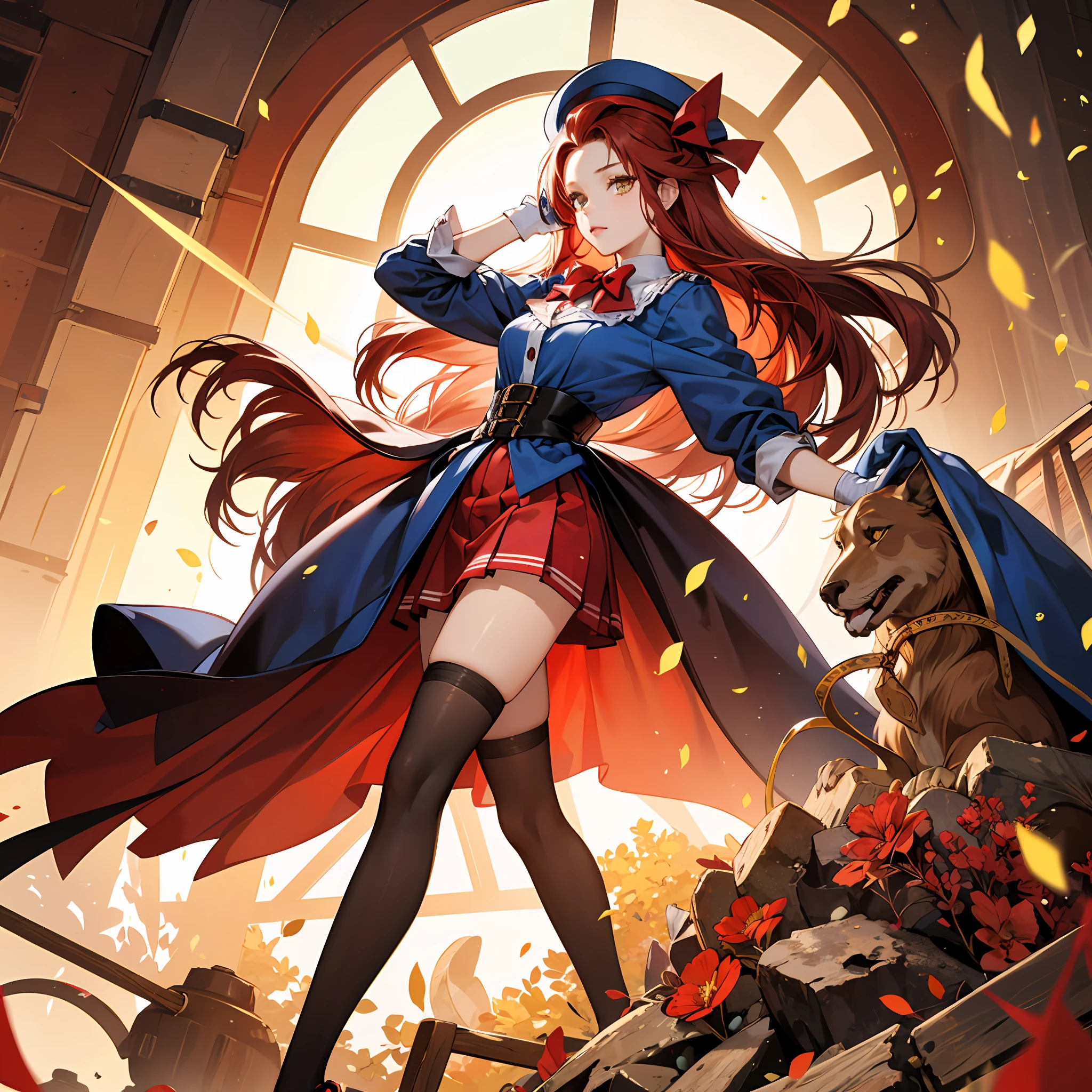 redheadwear, Red-haired cards, Red bow, blue-shirt, Red hip skirt, black lence stockings, red high heel pumps, whitegloves, emaciated, Golden eyes, high detail, anime, super detail, high details, high quality --auto