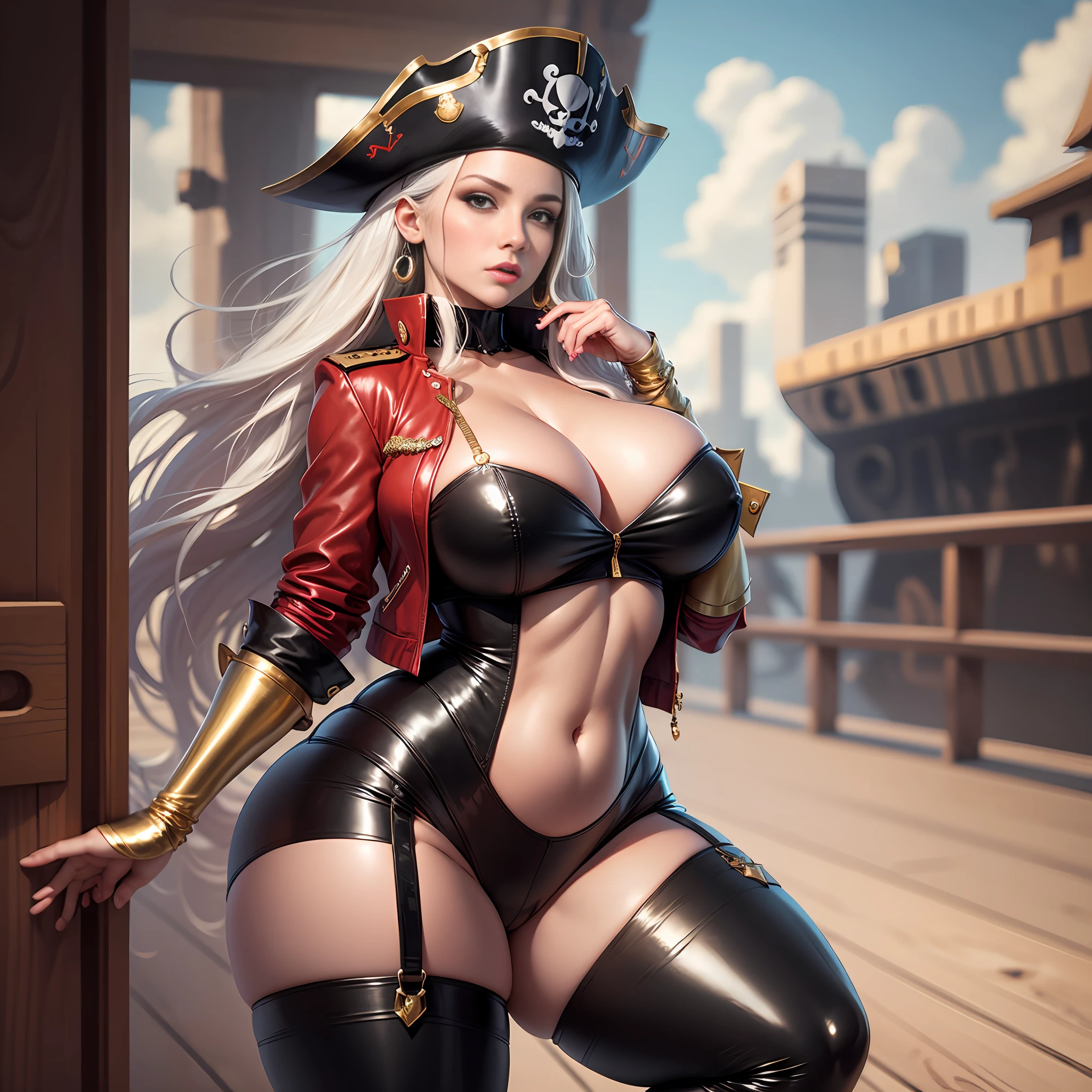 pirate captain outfit with pirate hat, red jacket with gold tassels, white frilly blouse, black pants, brown thigh high boots, eye patch, massive breasts, massive hips, massive thighs, massive calves, slender waist, hourglass figure, shiny black pantyhose, piloting a wooden ship, detailed eyes, leggings, kissing each other, 4K high resolution