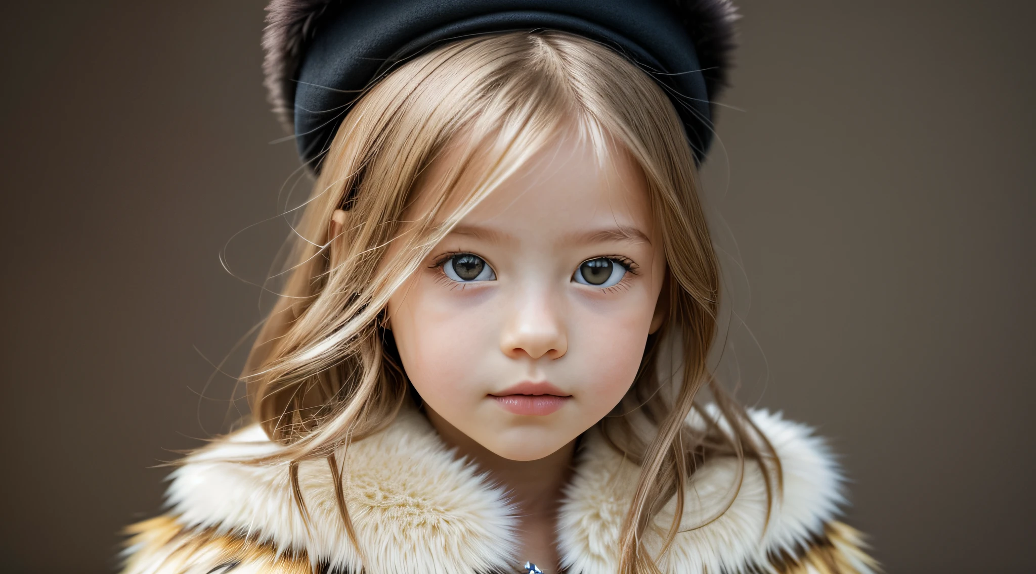 GIRL BLONDE CHILD IN BRAID, in a fur coat and hat posing for a photo, modelo jovem lindo, usando uma boina francesa, ombreiras de pele, usando uma boina, estilo peludo, elegante, mackenzie foy, usando um casaco de pele, jovem, usando um casaco de pele de luxo, meninao, childrens, menina pequedelo muito bonita, modelo de moda, uma boina oversized