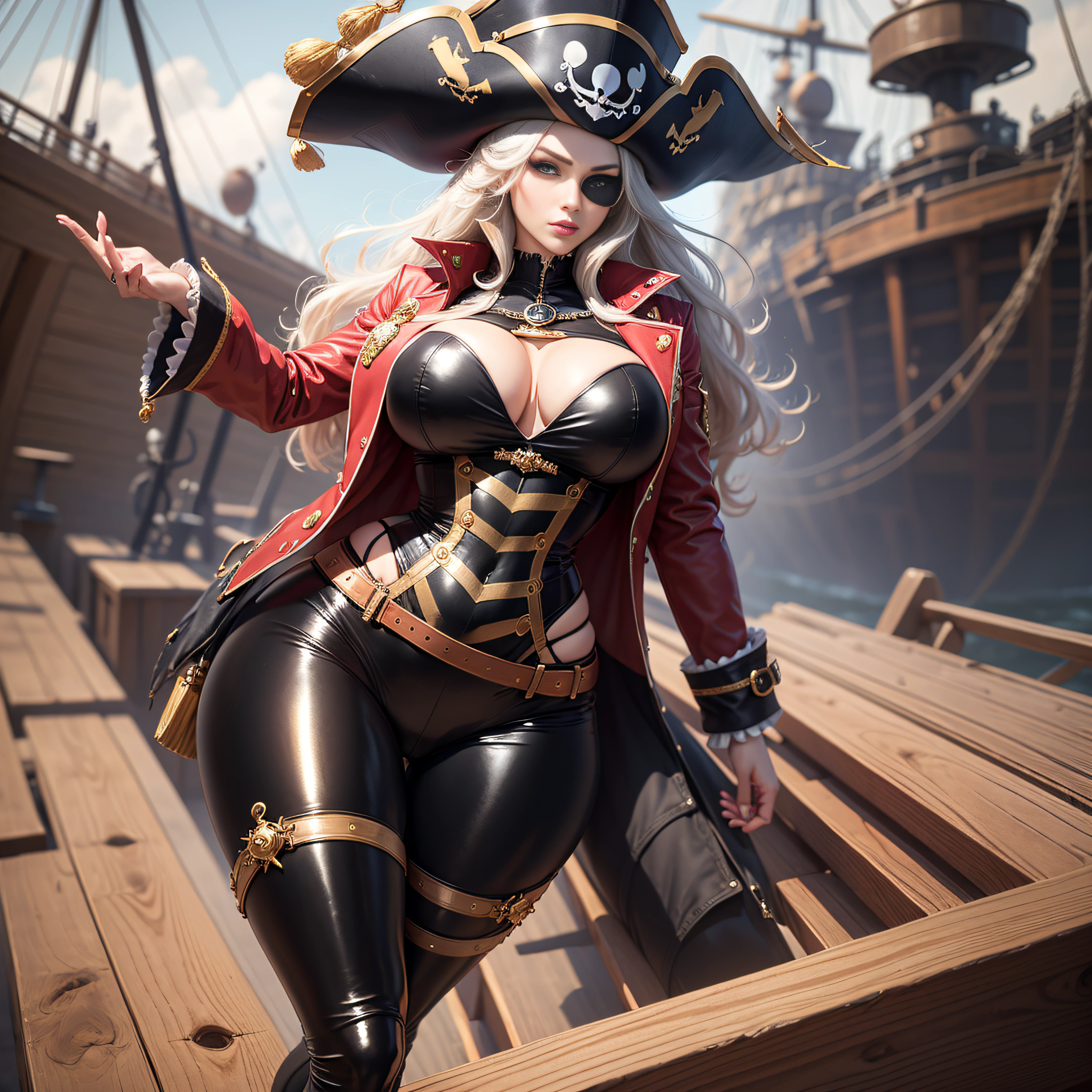 pirate captain outfit with pirate hat, red jacket with gold tassels, white frilly blouse, black pants, brown thigh high boots, eye patch, massive , massive hips, massive thighs, massive calves, slender waist, hourglass figure, shiny black pantyhoiloting a wooden ship, detailed eyes, leggings, kissing each other, 4K high resolution
