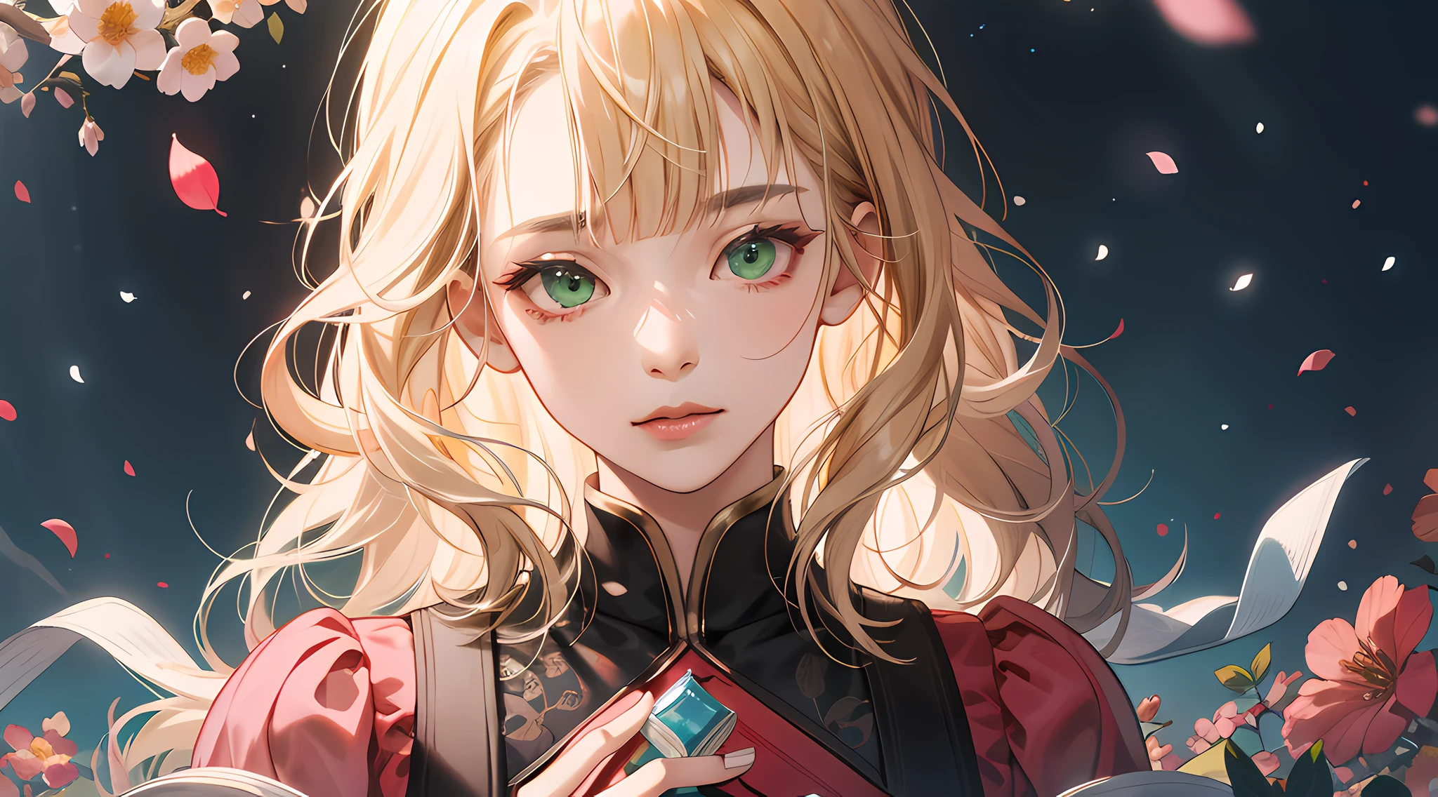 (absurdres, highres, ultra detailed), 1girl, mature female, wavy blonde hair, long hair, blunt bangs, green eyes, pink dress, finely detailed eyes and detailed face, extremely detailed CG unity 8k wallpaper, intricate details, BREAK , kaleidoscopic imagery, symmetrical patterns, vibrant colors, geometric shapes, mesmerizing designs, optical illusions, dynamic composition BREAK , pantomime art, expressive body language, silent storytelling, evocative gestures, visual narratives, theatrical performances BREAK , blooming flowers, colorful petals, fragrant scents, nature's bounty, vibrant gardens, peaceful scenery