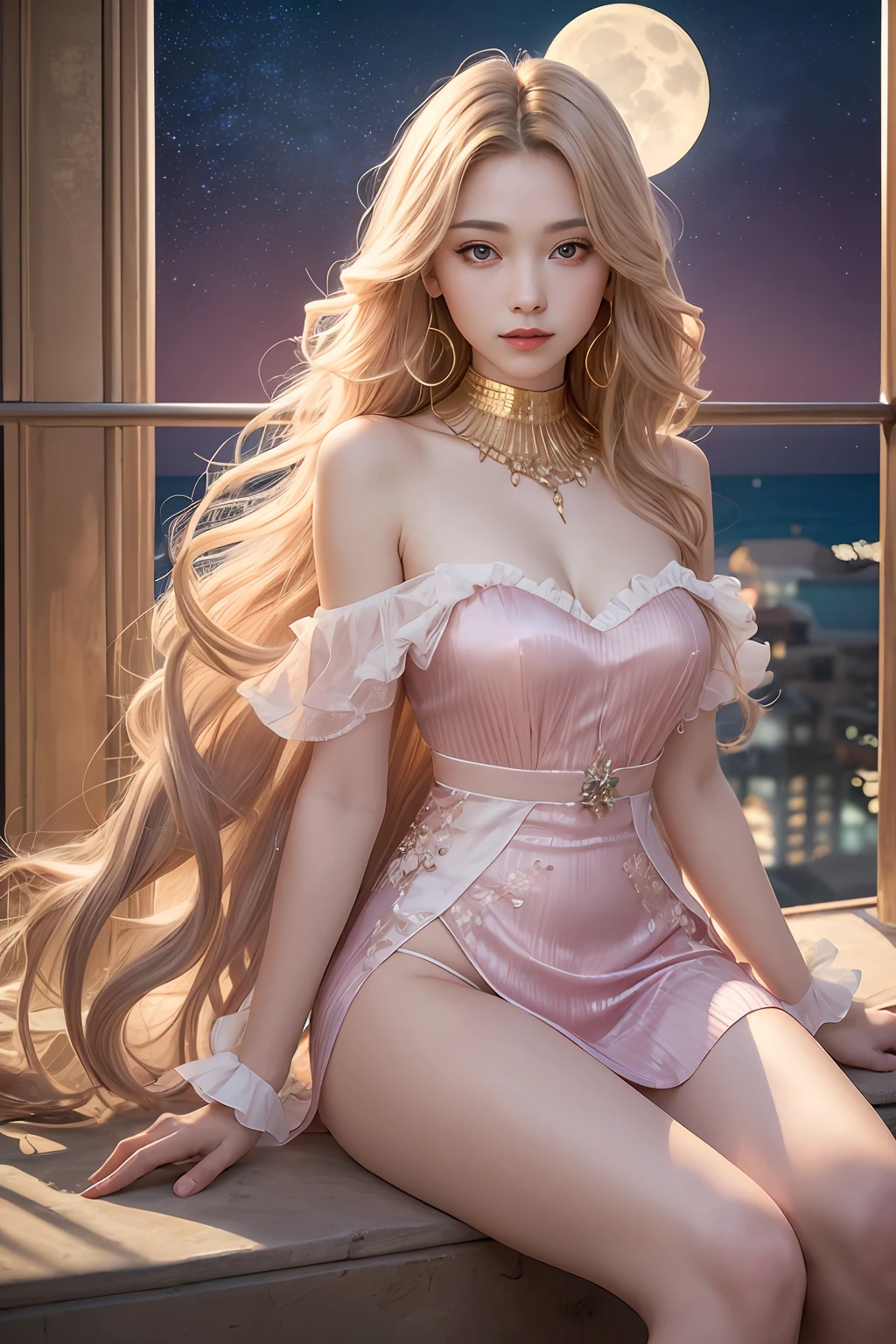 Absurd, ultra-detailed, high quality, masterpiece, beautiful face, eyes detailed, long golden hair, the girl , with pink long transparent dress , sitting in balcony , in ocean , moon light and clear sky with stars,