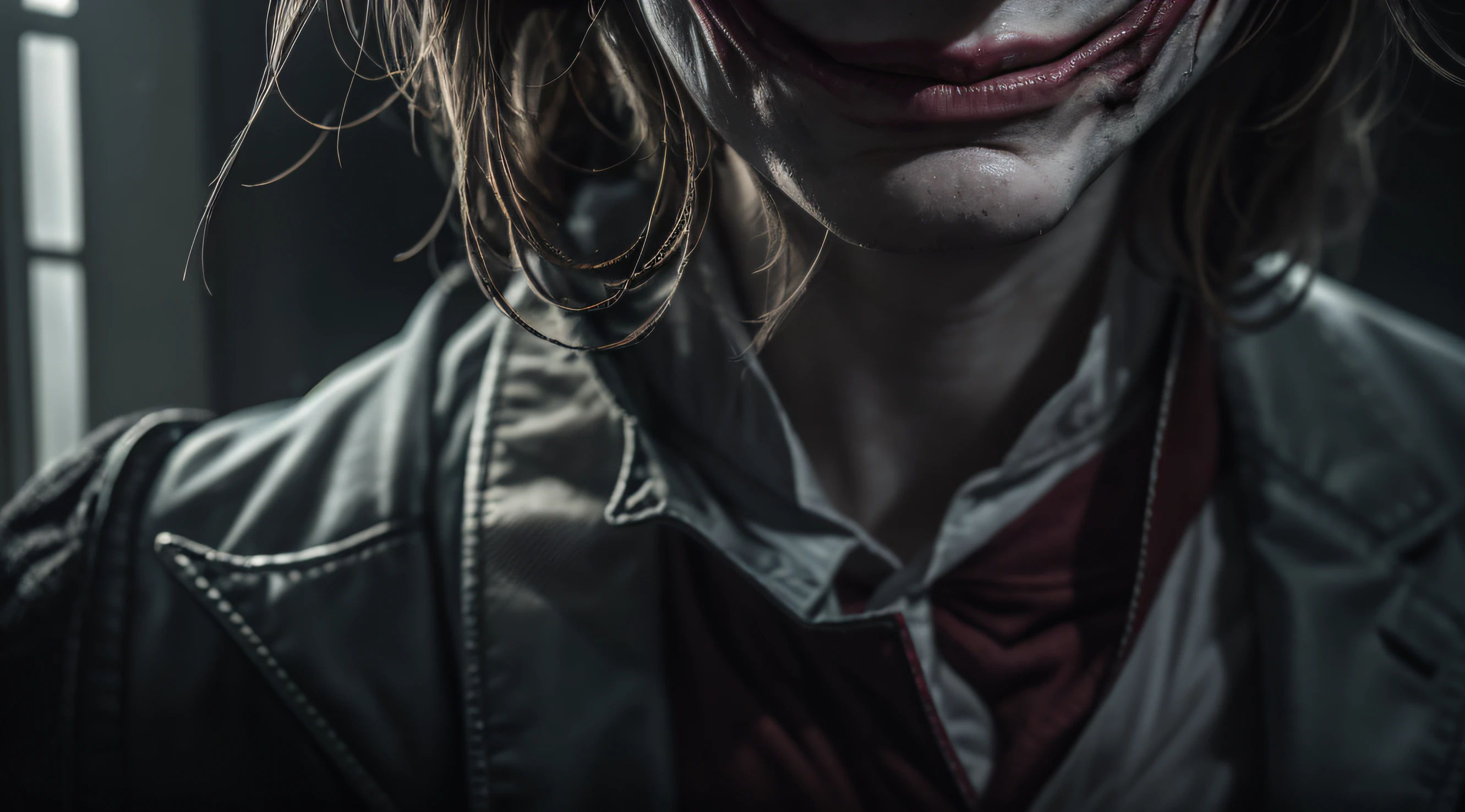 Cinematic portrait shot of the joker, batman's enemy, very interesting inside a house, eyes closed, highly detailed VFX portrait, taken with a full frame camera with a wild lens, in the bat cave. Psycho smile and look. Sinister environment.