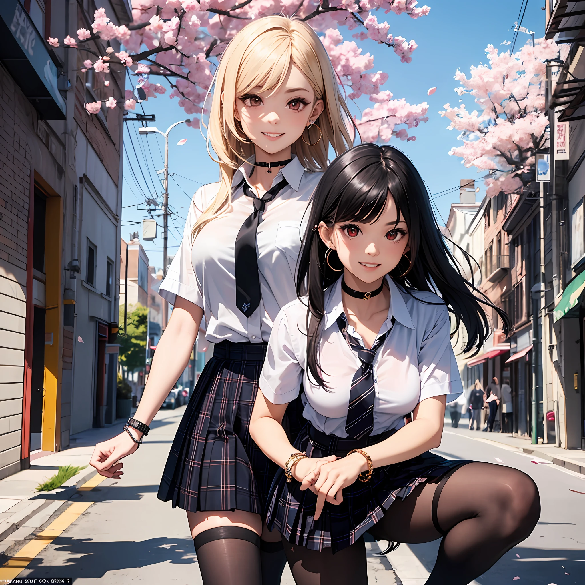 Masterpiece, Superb Style, Full Body, 1Girl, Bangs, Black Choker, Black Tie, Blonde Hair, Blue Skirt, Blush, Bracelet, Beautiful Breasts, Choker, Waist Dress, Collarbone, Collared Shirt, Denim Photos, Dress Shirt, Ear Piercings, Eyebrows Visible Through Hair, Gradient Hair, Grin, Gyaru, Jewelry, Kogal, Long Hair, Looking at the Audience, Loose Tie, Tie, Piercing, Plaid Skirt, Plaid Skirt, Pleated Skirt, Red Eyes, Ring, School Uniform, Shirt, Skirt, Smile, solo, white shirt, street, sky, cherry blossoms, petals, illustration, (magazine: 1.3), (cover style: 1.3), fashion, woman, vibrant, attire, pose, front, colorful, dynamic, background, element, confident, expressive, hold, statement, attachment, majestic, coiled, around, touch, scene, text, cover, bold, eye-catching, title, fashion, font, catchy, title, bigger, eye-catching, modern, stylish, focused, stylish, black stockings --auto