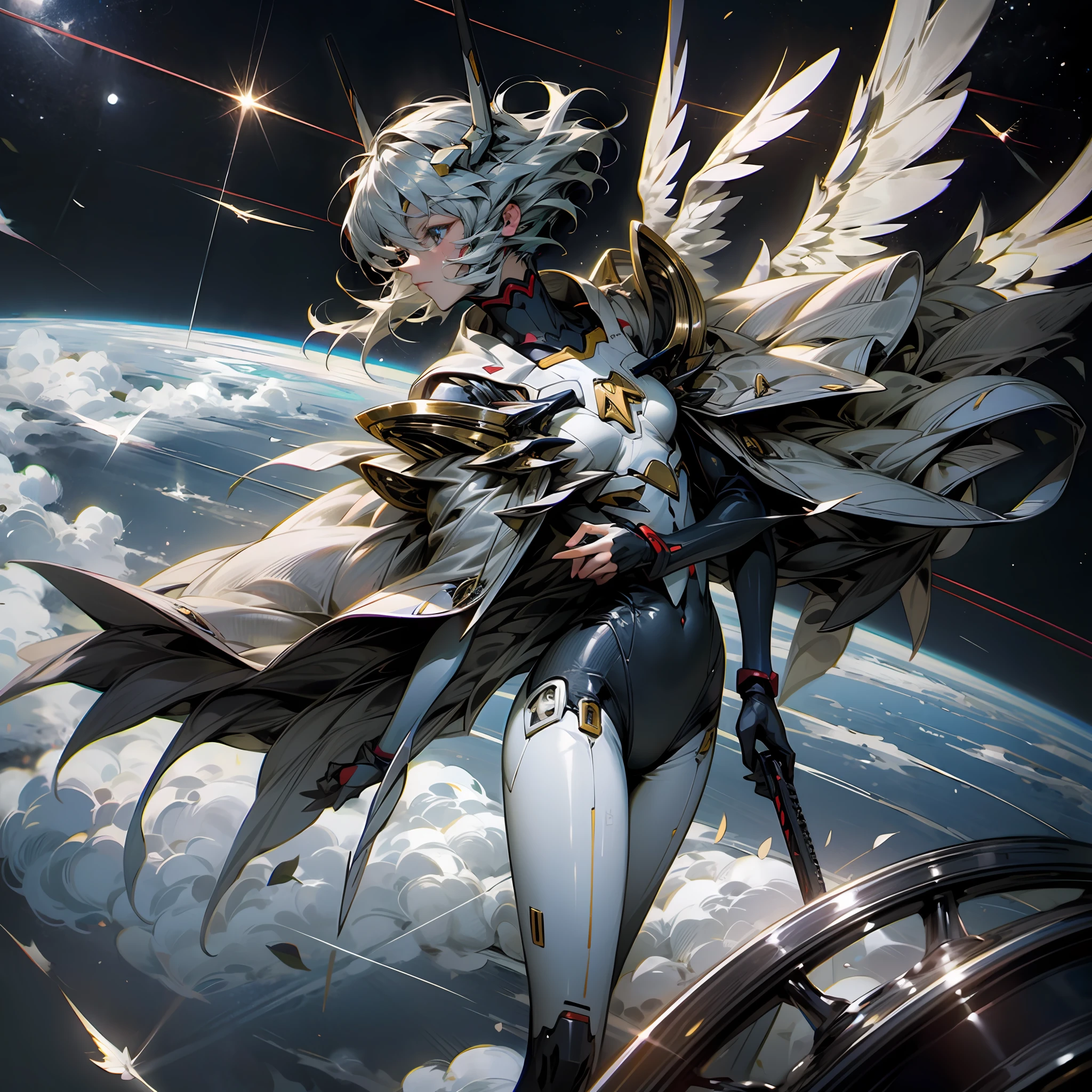 Rei Ayanami holds the gun of Longinus,Wings on the back,Fly in space --auto