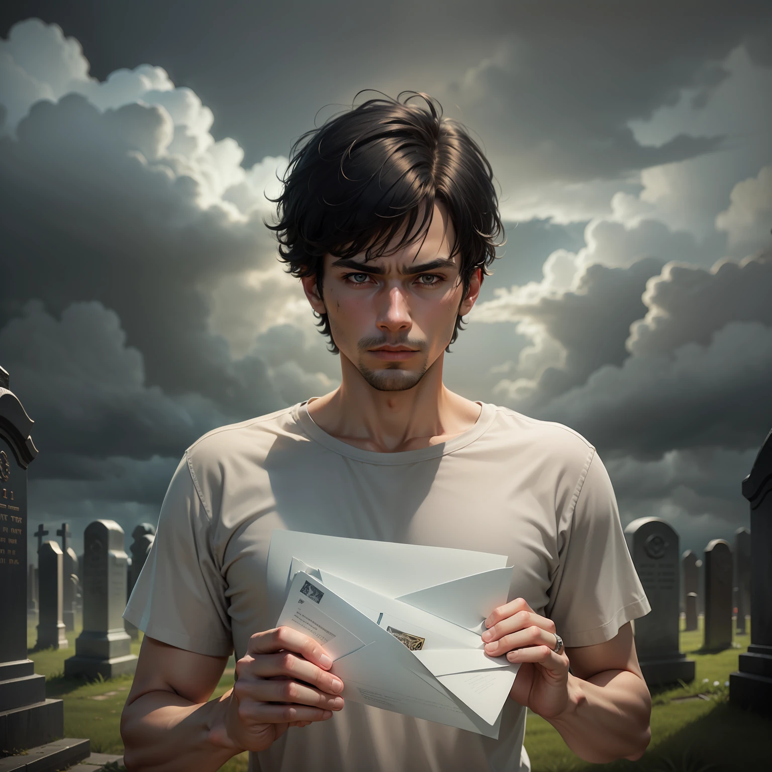 ultra realistic and extremely detailed image of a man with short black hair, earthy and confused face, plain white and earthy shirt, holding with dirty fingers a letter envelope in a gloomy night cemetery, night sky with heavy clouds, night sinister